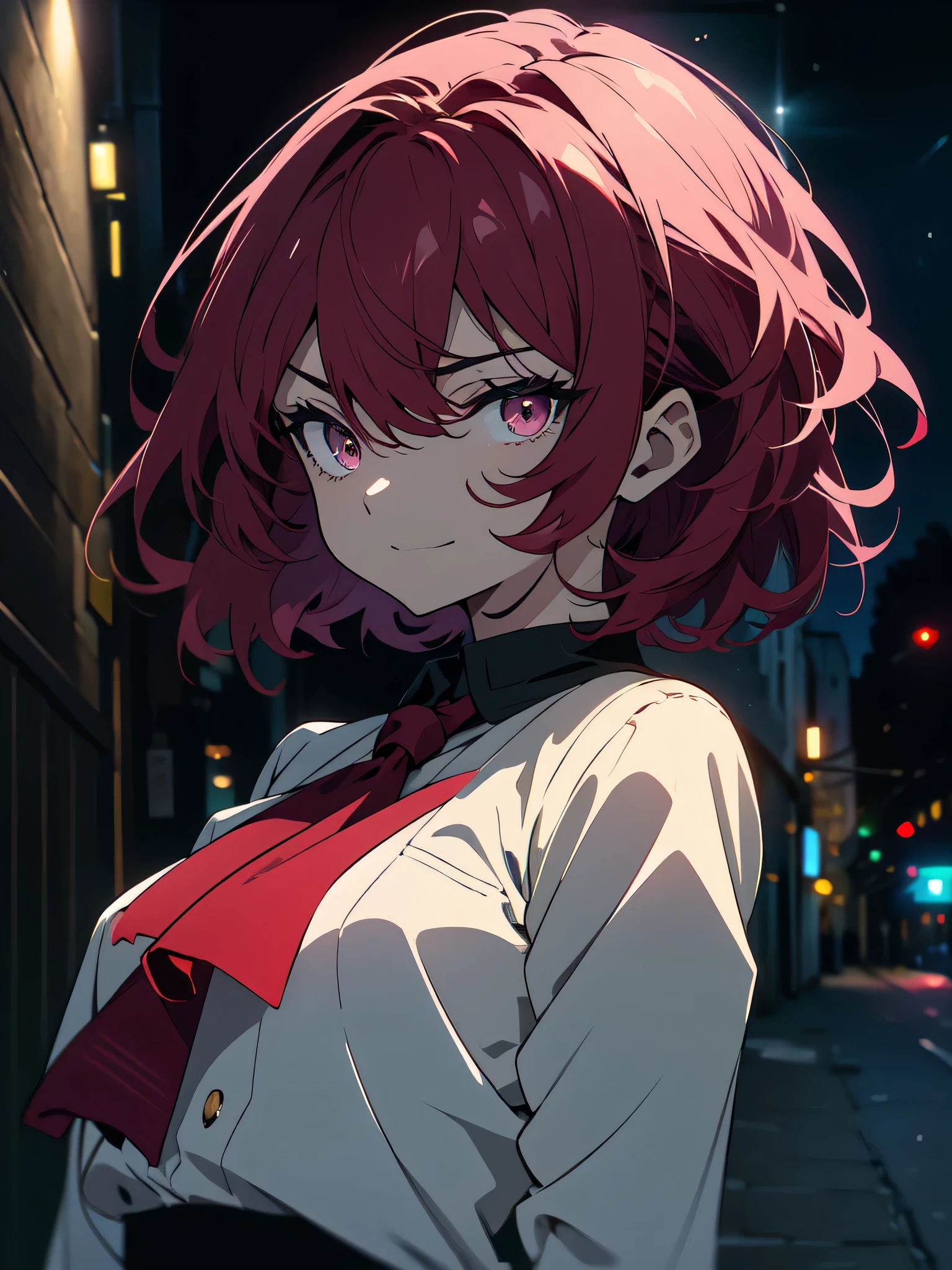 (masterpiece, highest quality)、(shining eyes), ((one young man)),(cool boy)、(burgundy hair,inner color)、topaz eyes,serious expression, evil smile,Upper body,line drawing,Unkempt short hair、messy hair、(twist perm),(messy hair、medium hair),white blazer,black t-shirt,expressionless eyes,((beautiful animeスタイル))、(dark and serious background),(dark back alley)、(downtown at night)、beautiful anime
