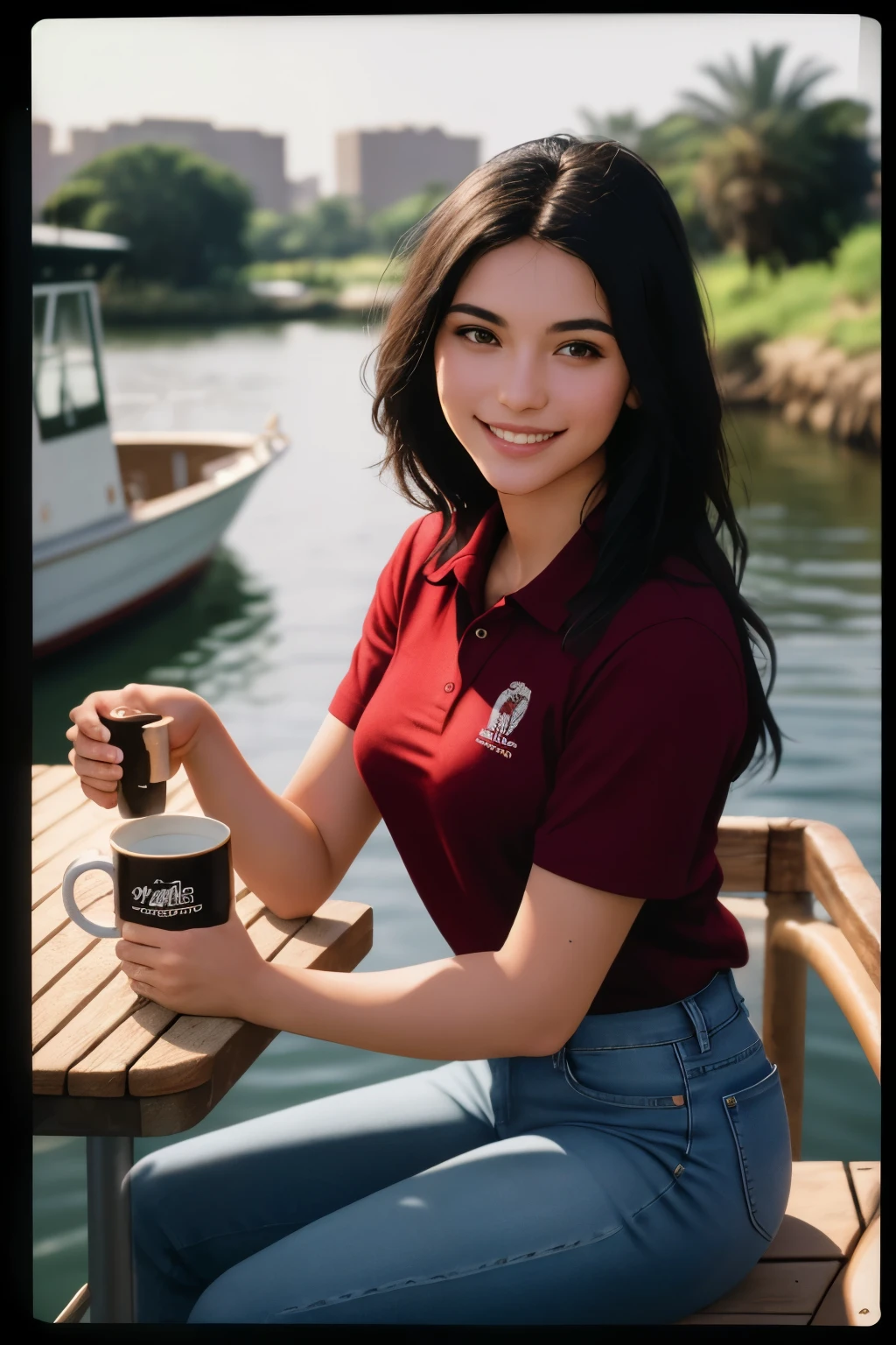 A very detailed photorealistic image of Prompt
Eri from The game: "Metal Slug X" 19 years old, wear a red polo t-shirt & a jeans pants, smiling beautifully and looking at the camera, sitting on a table on a white boat in Nile River drinking coffee mug, She is visiting Egypt in winter. She does not not look straight to the camera, but her face is visible.
The photo is taken with a full -frame mirrorless camera, using a 50mm prime lens, taken on a Polaroid SX-70 film, with the dynamic mix of sunlight and urban lighting creating a vivid backdrop as ilumination.