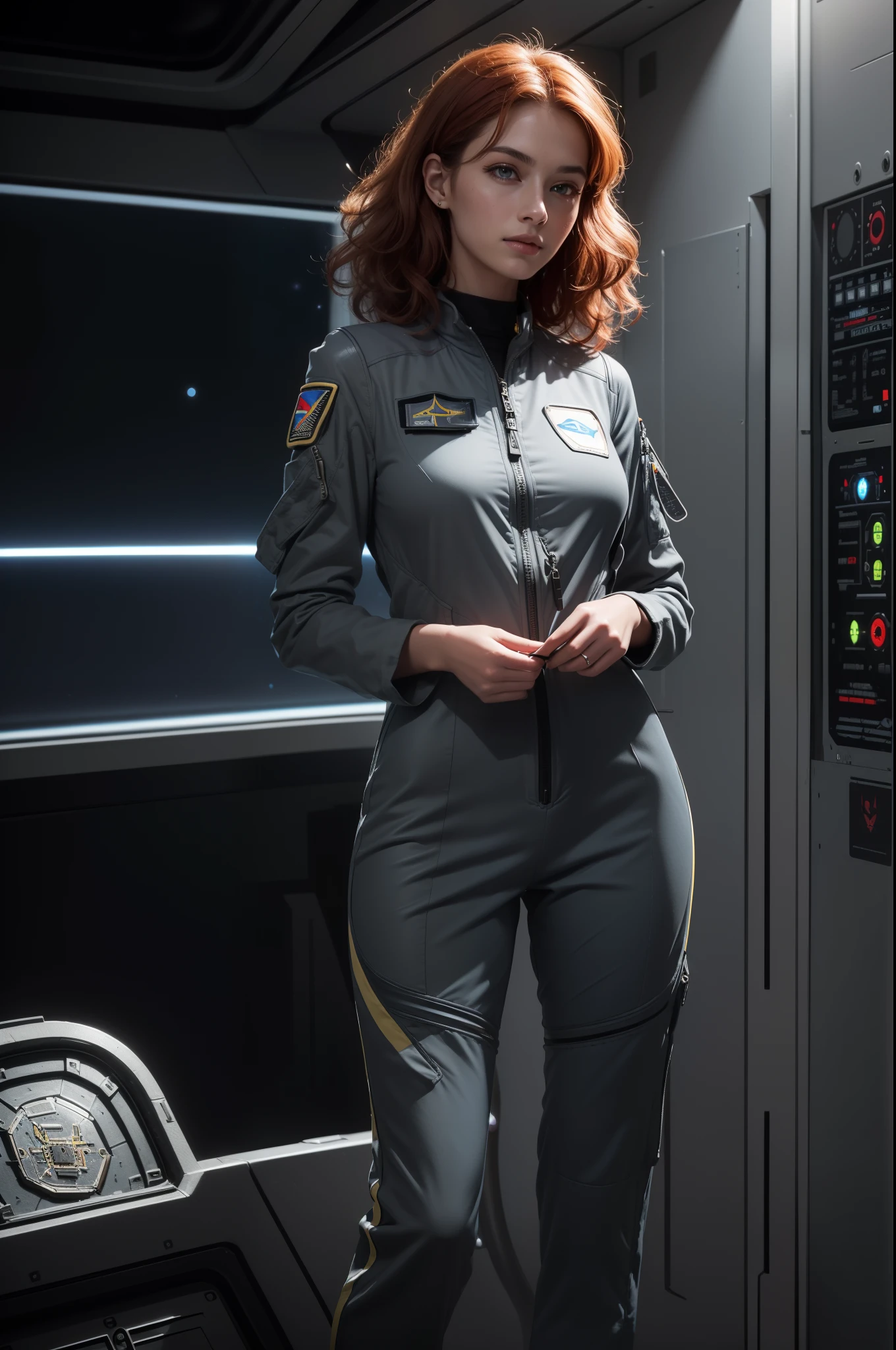((photorealism, high quality, detail)), (the whole body:1.10), ((it costs half a turn:1.10)) science fiction, Futuristic setting, Military, (girl pilot of the space fleet), (girl pilot of a spaceship), (slender girl 25 years old, thin figure:1.7, small breasts), attractive appearance, looks at us with seductive eyes, ((sly face, mysterious smile)), very beautiful, ((redheads:1.10)) thick curly hair (shoulder length:1.5), blue eyes, ((dark gray)) uniform, (((dark gray space pilot jumpsuit))),
(medals:1.10), volumetric lighting, Sargent ISO1600 uniform, unreal engin 5, octane rendering, (2D: 1.2), digital painting, artstation, concept art, smooth, clear focus,