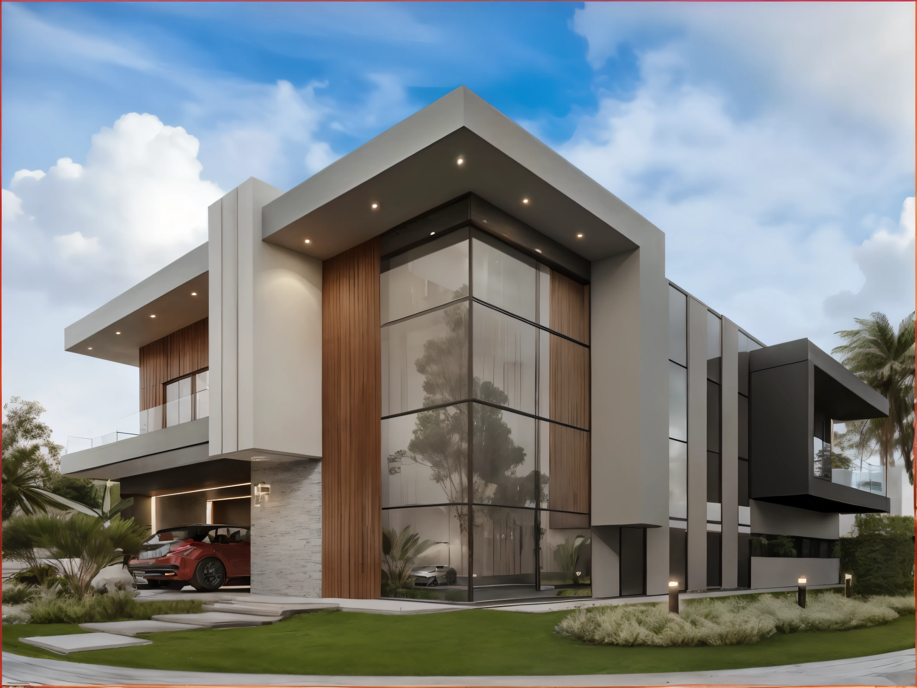 a rendering of a Modern house with a red car parked in front, Large modern residence, Contemporary house, Concept house, Architectural decision included, Architectural shot, Modern architecture design, Modern house, Realistic architecture, Architectural concepts, Multidimensional Villa, Architectural Presentationing, Contemporary architecture, Modern architecture, Luxurious architecture, Great future residence, Architectural Presentation, 3D Architectural Presentation