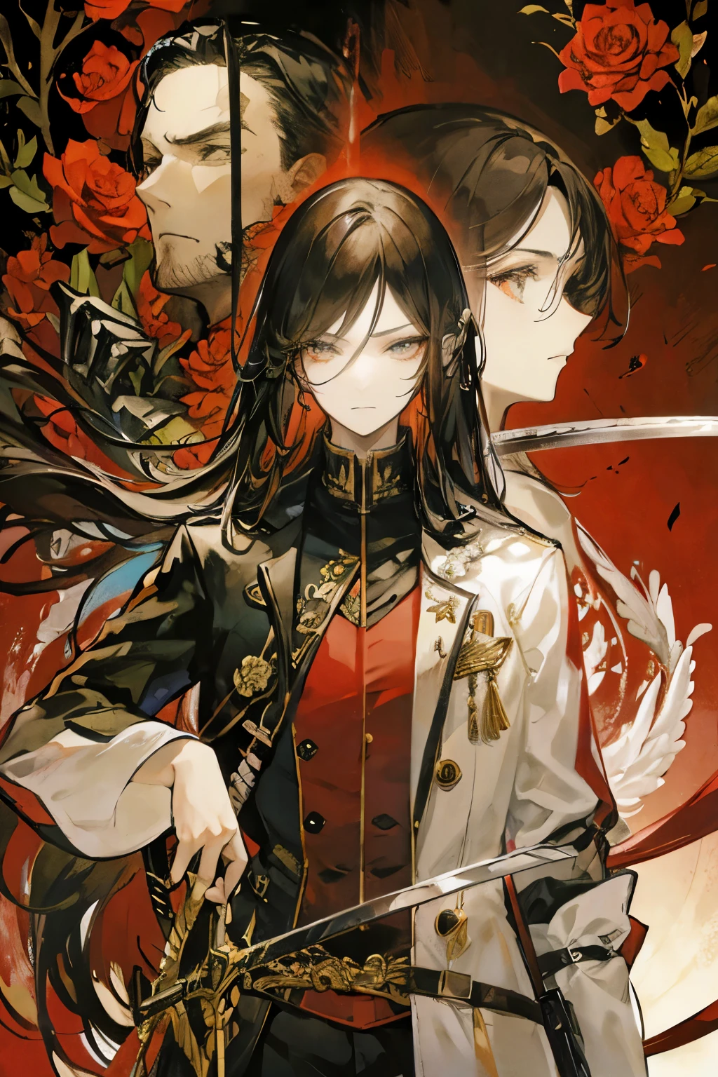 emo-cheng,Rose bushes,monster,A long-haired girl holding a sword in a leather jacket and a man&#39;s face