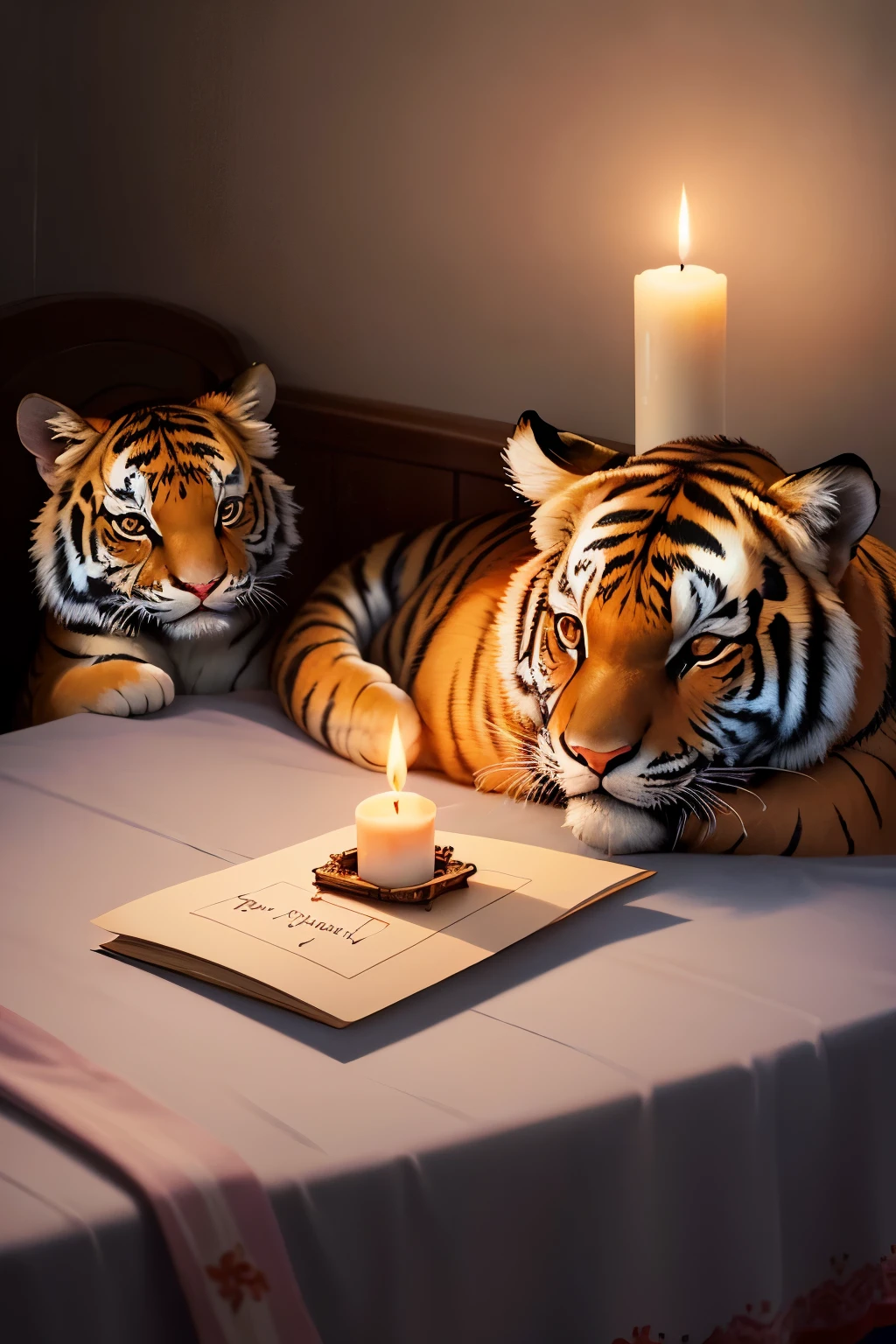 Prompt: Resting on the kitchen table is an embroidered cloth with the text 'good night' and an embroidered baby tiger. Next to the cloth there is a lit candle. The lighting is dim and dramatic.