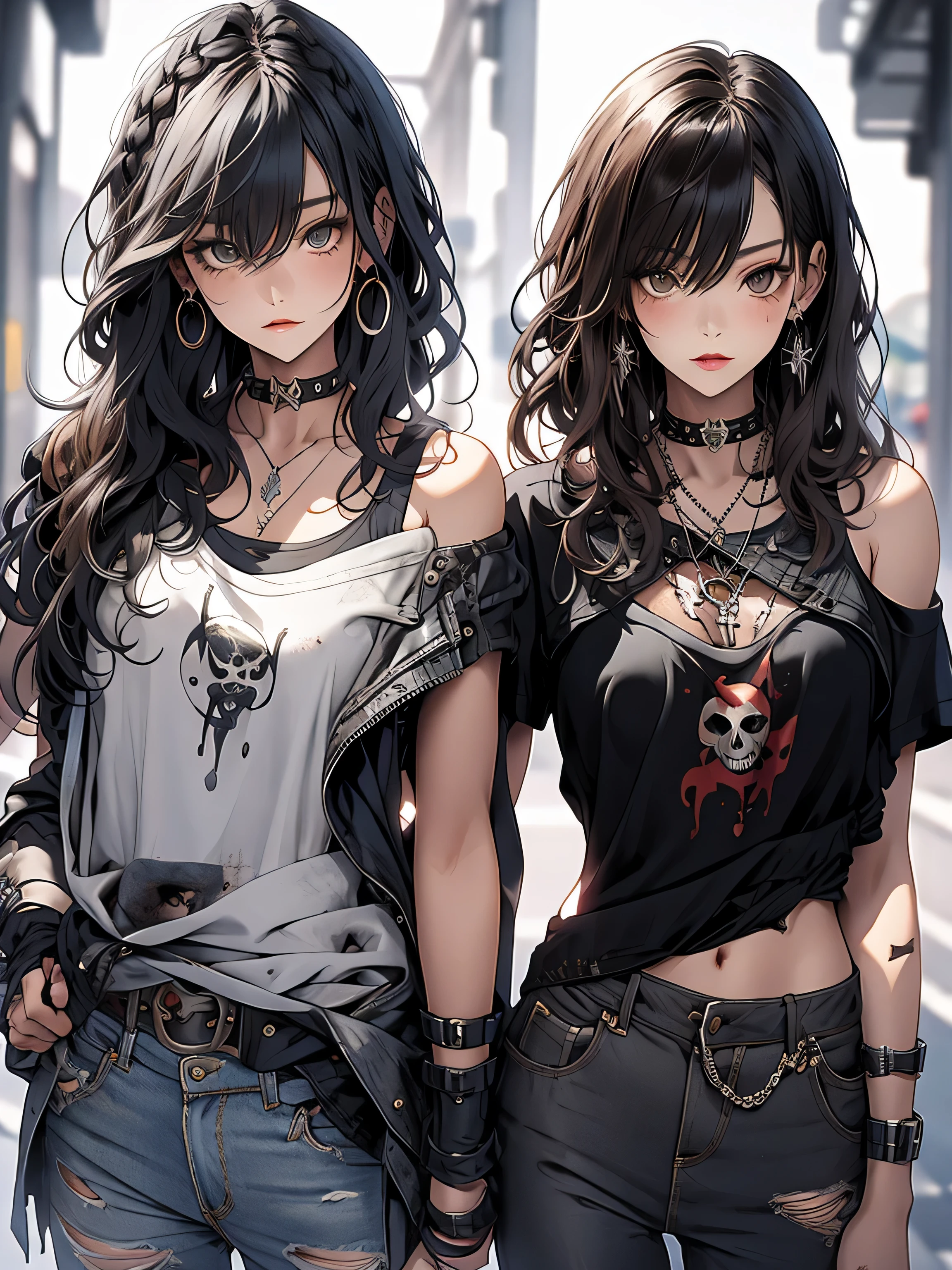 masterpiece, highest quality, pixiv, cool girl, the strongest pirate girl, skull fashion, dark brown hair, curly hair, dull bangs, straight bangs, gray eyes, white skin, gal, Improve