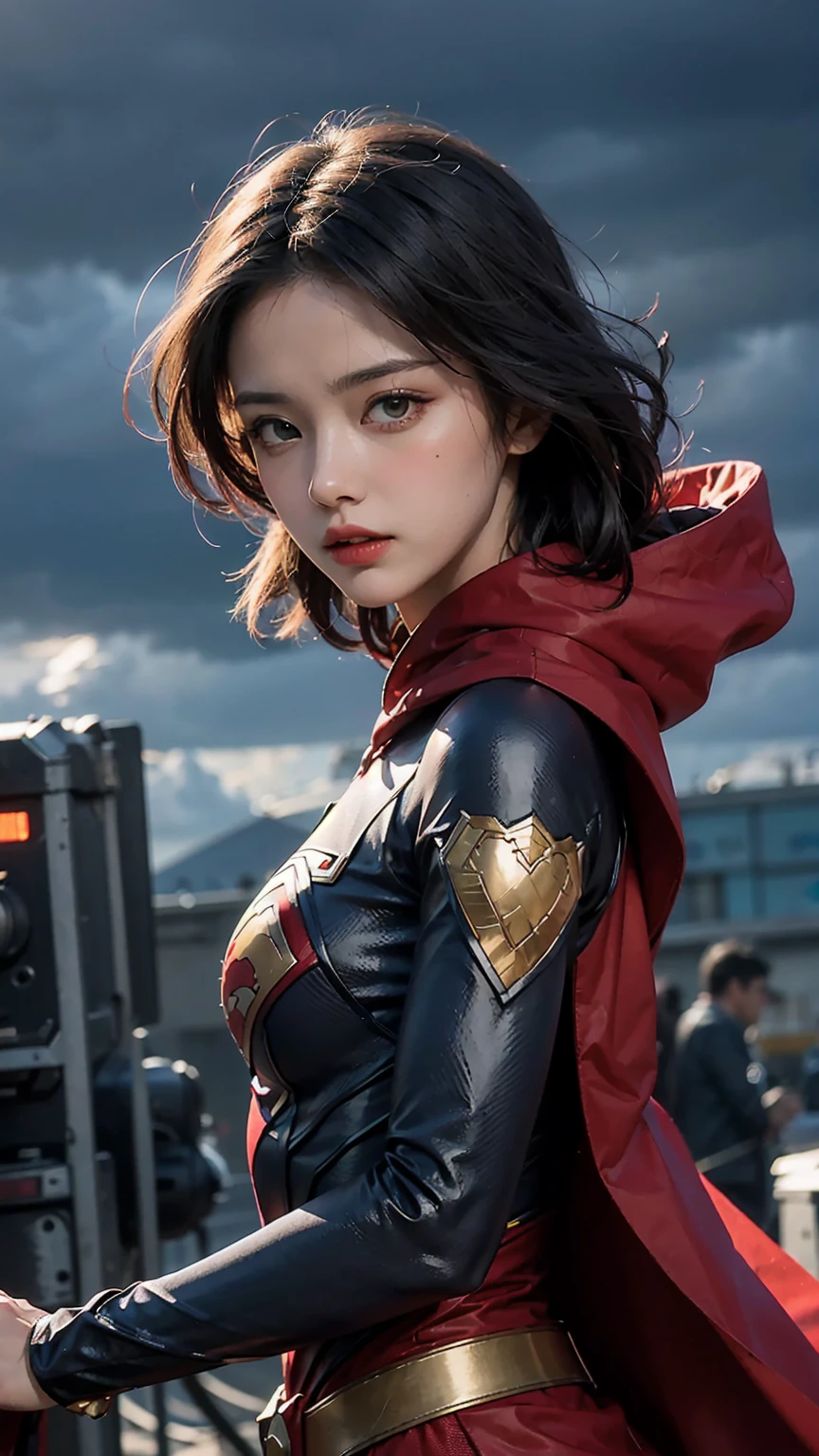 Woman wearing detailed SuperMan costume with full sleeves covering the entire body, serious face, (flying in sky), vivid colors, dramatic lighting, red cape, cinematic costume, carbon fiber detailed suit,