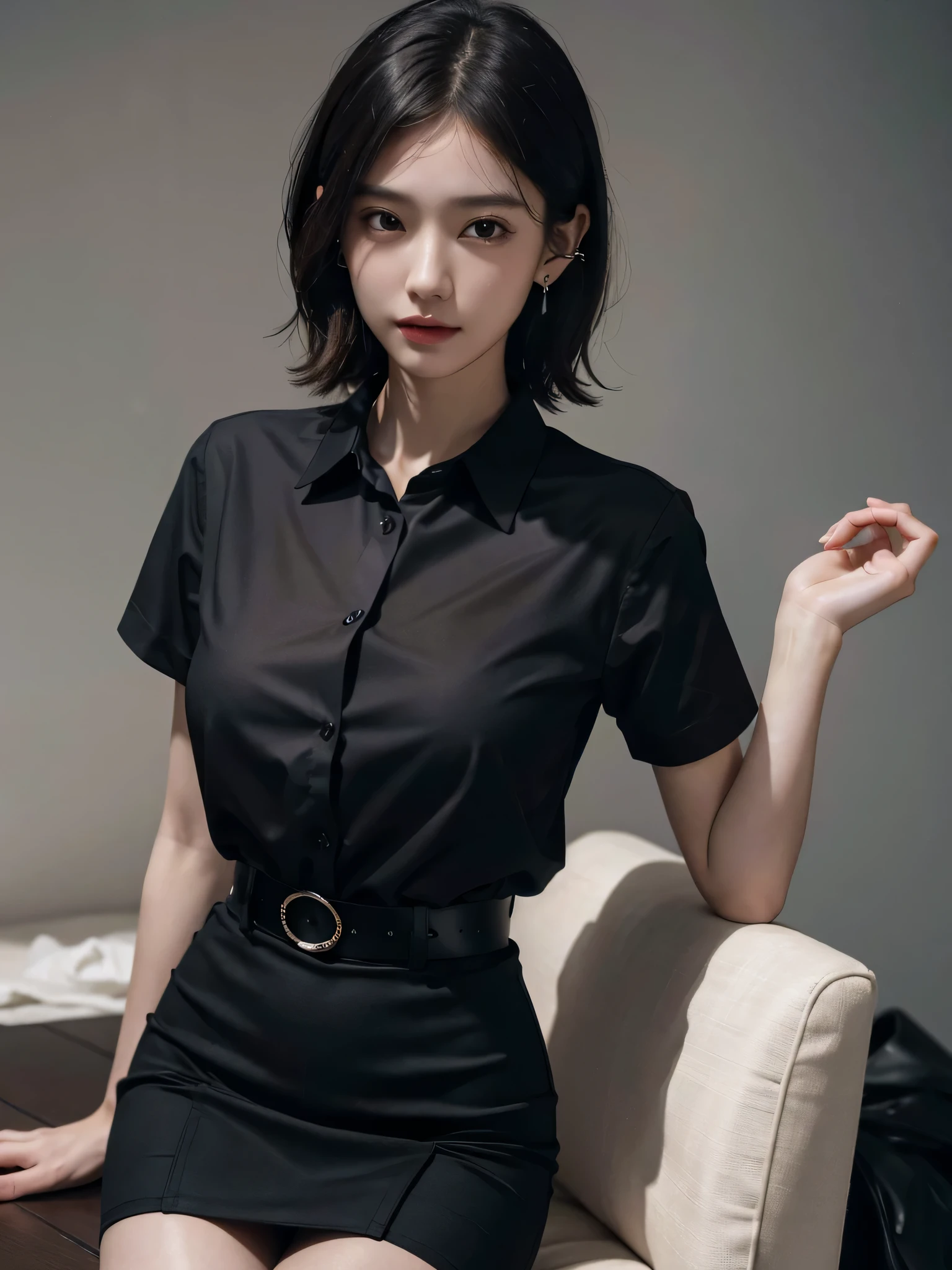 disorganized, RAW photo, very delicate and beautiful, masterpiece, highest quality, ultra high resolution, 32K, surreal, super detailed, perfect ???????, perfect figure, super dense skin, Highly detailed CG 8k wallpaper, 20's, very slim body, tight waist, very small head, very small face, delicate facial features, tearful mole, earrings, thin legs, (very huge round ???????:1.2), full body shot, 1 girl, short hair, wavy hair, short pencil skirt, black shirt, (collared shirt:1.3), No sleeve,