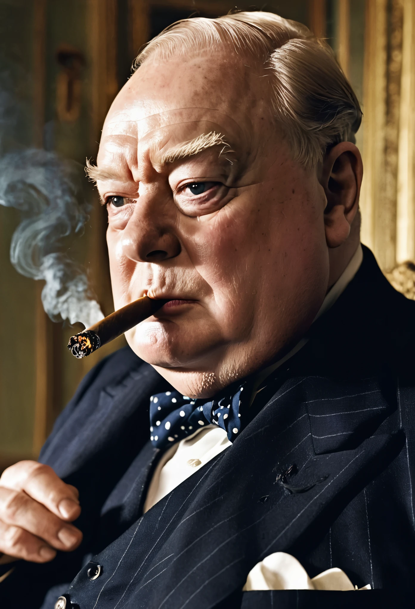 《The moment of decisive battle》As a film based on reality,British Prime Minister Churchill during World War II,Smoking a big cigar,Tighten eyebrows