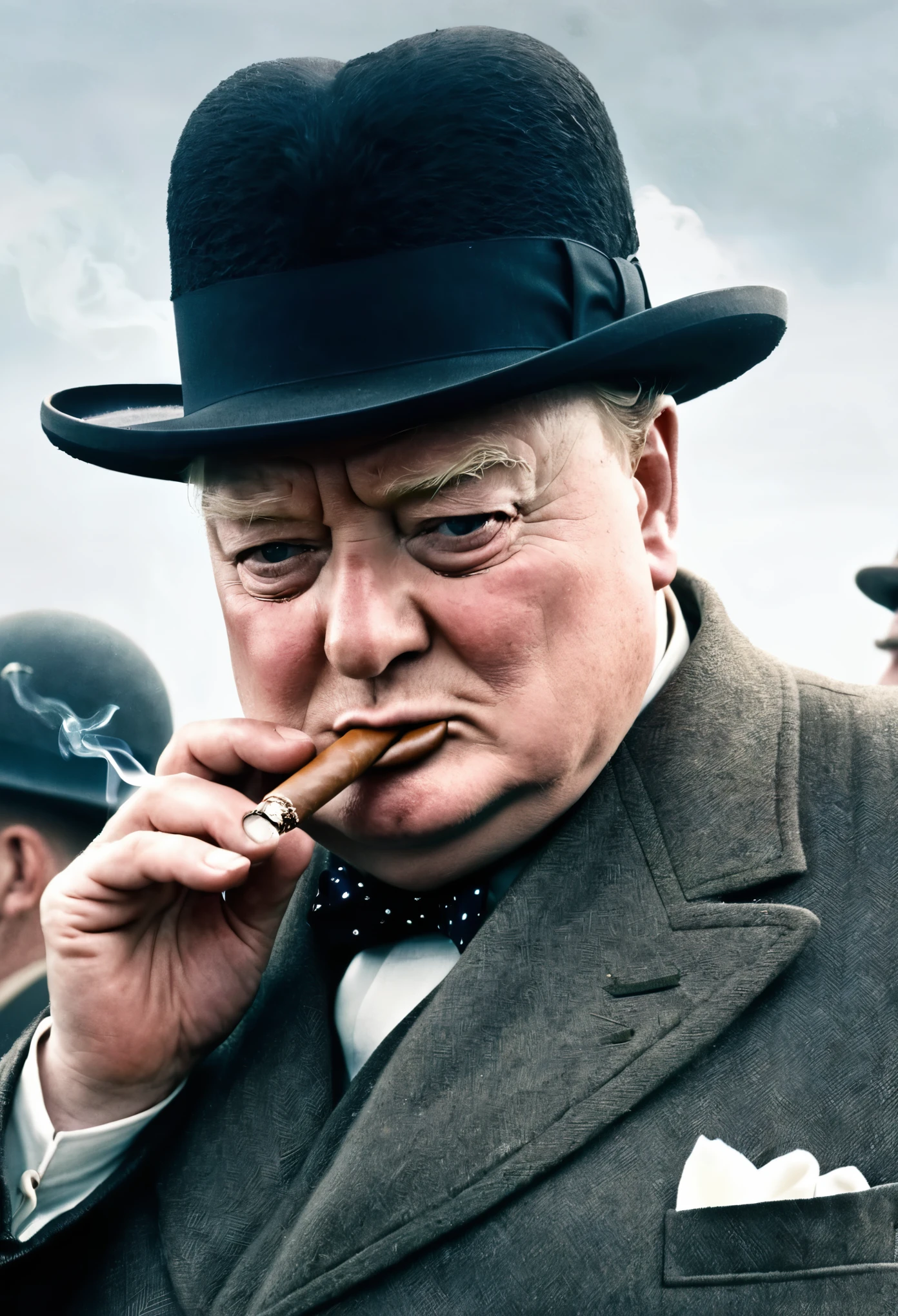 《The moment of decisive battle》As a film based on reality,British Prime Minister Churchill during World War II,Smoking a big cigar,Tighten eyebrows