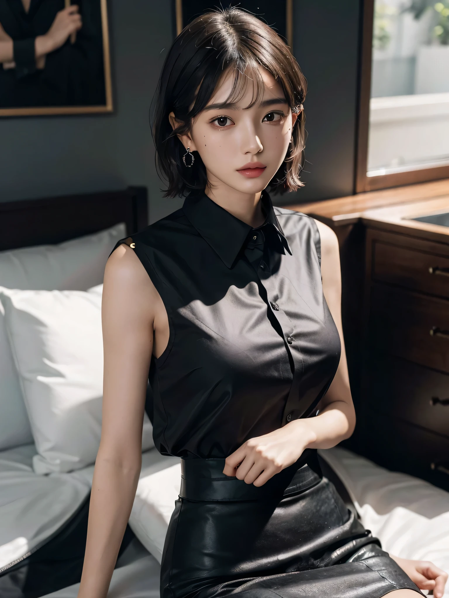 disorganized, RAW photo, very delicate and beautiful, masterpiece, highest quality, ultra high resolution, 32K, surreal, super detailed, perfect anatomy, perfect figure, super dense skin, Highly detailed CG 8k wallpaper, 20's, very slim body, tight waist, very small head, very small face, delicate facial features, tearful mole, earrings, thin legs, (very huge round breasts:1.2), (full body shot:1.2), 1 girl, short hair, wavy hair, short pencil skirt, black shirt, (collared shirt:1.3), (No sleeve:1.2),
