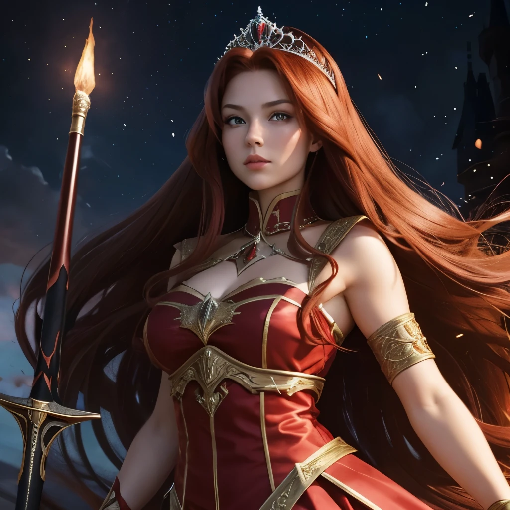 She is a princess with dark red-auburn long haired, with red eyes and light tan skin.She also has a tiara and a wardress and she can use a rapier and fire magic