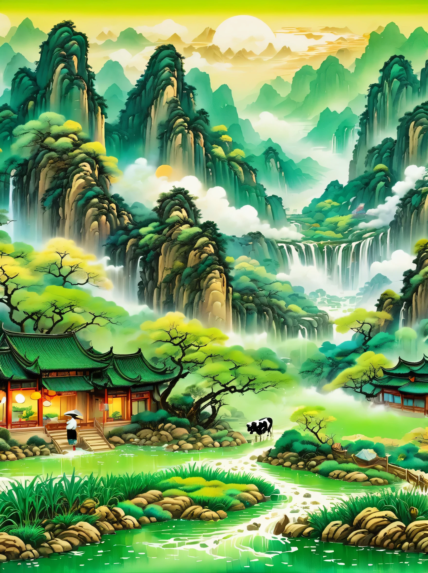 super detailed，Chinese ink style，Chinese Dream Landscape，It rains during Qingming Festival，A cute  Chinese boy，Dressed in light-colored Hanfu，Planting vegetables with a hoe，A black cow eats grass，From Bubble Mart。she is in the fields，distant river、grassland，There are mountains in the distance，birds circling in the sky，With green onions。