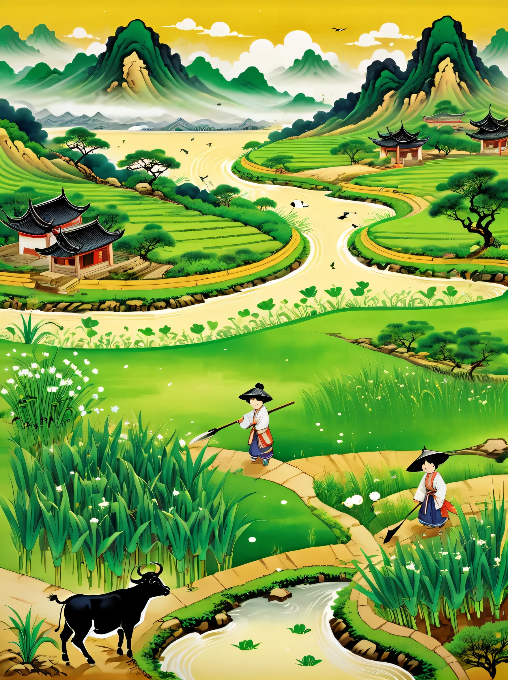 super detailed，Chinese ink style，Chinese Dream Landscape，It rains during Qingming Festival，A cute little Chinese boy，Dressed in light-colored Hanfu，Planting vegetables with a hoe，A black cow eats grass，From Bubble Mart。she is in the fields，distant river、grassland，There are mountains in the distance，birds circling in the sky，With green onions。