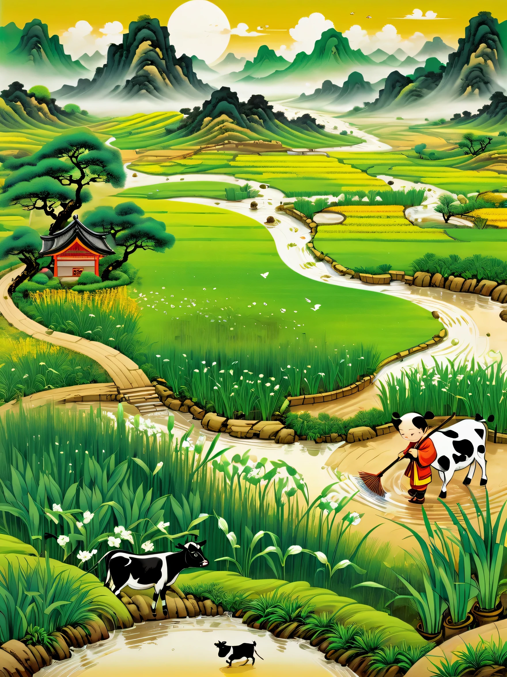 super detailed，Chinese ink style，Chinese Dream Landscape，It rains during Qingming Festival，A cute  Chinese boy，Dressed in light-colored Hanfu，Planting vegetables with a hoe，A black cow eats grass，From Bubble Mart。she is in the fields，distant river、grassland，There are mountains in the distance，birds circling in the sky，With green onions。