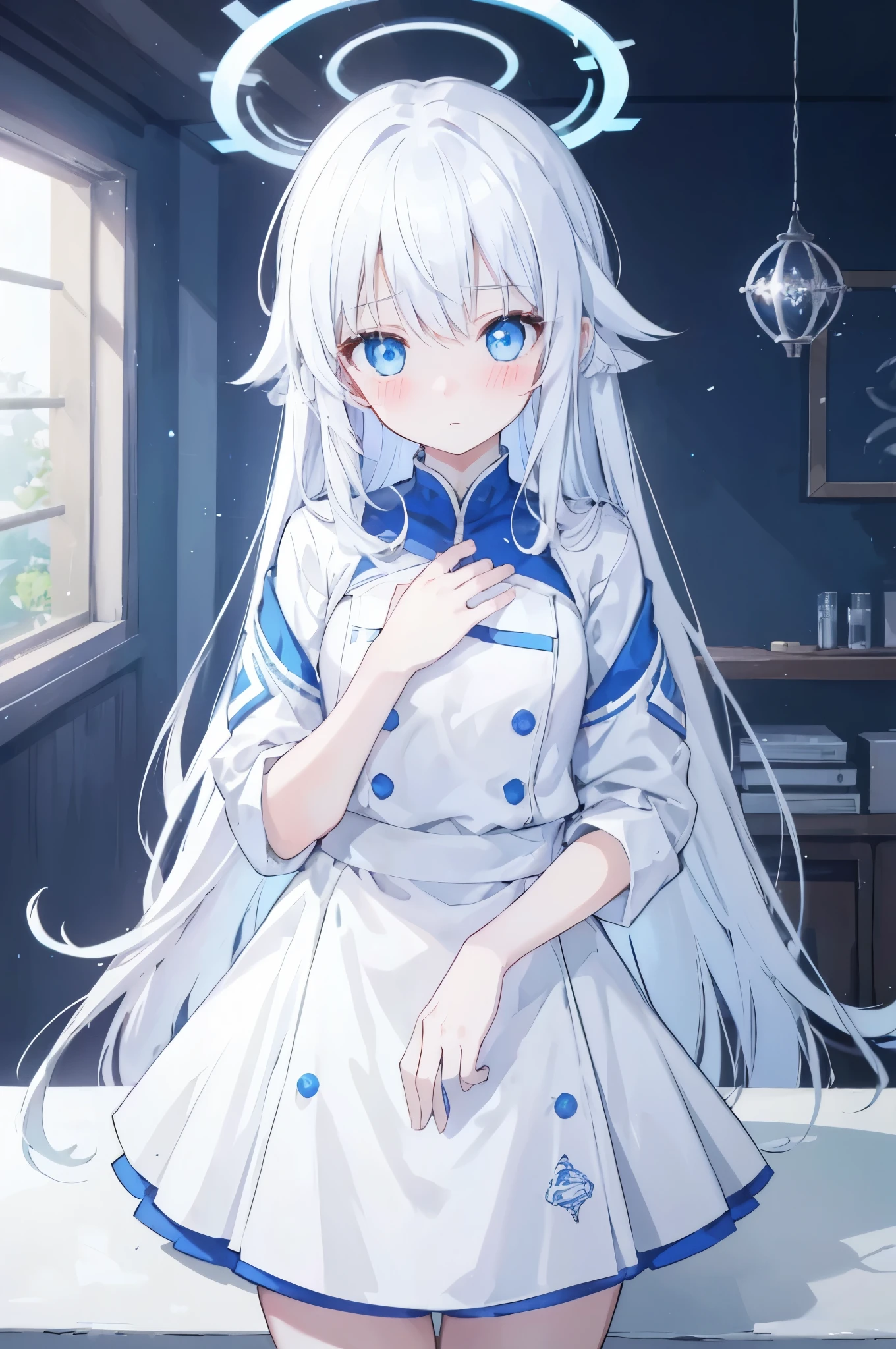 fair skinned,A blushing expression,Stand sideways,white long straight hair,Hair has turned white,white hair,blue eyes,emphasize,Eyes emit blue light,female hands,newbie