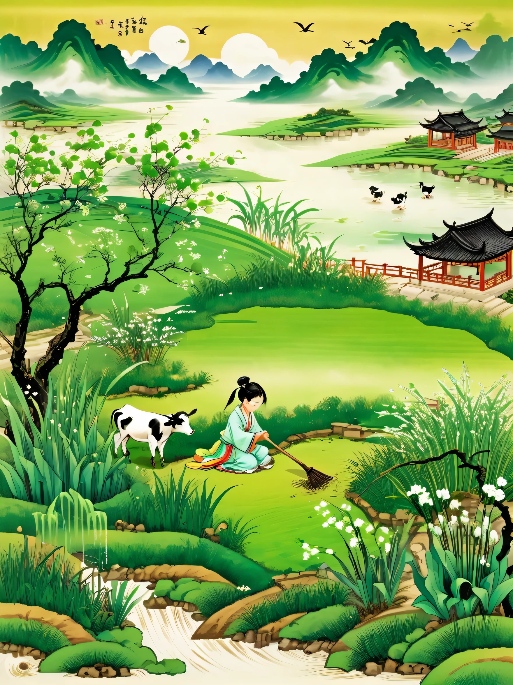 super detailed,Chinese ink style,Chinese Dream Landscape,It rains during Qingming Festival,A cute Chinese boy,Dressed in light-colored Hanfu,Planting vegetables with a hoe,A black cow eats grass,From Bubble Mart。she is in the fields,distant river、grassland,There are mountains in the distance,birds circling in the sky,With green onions。