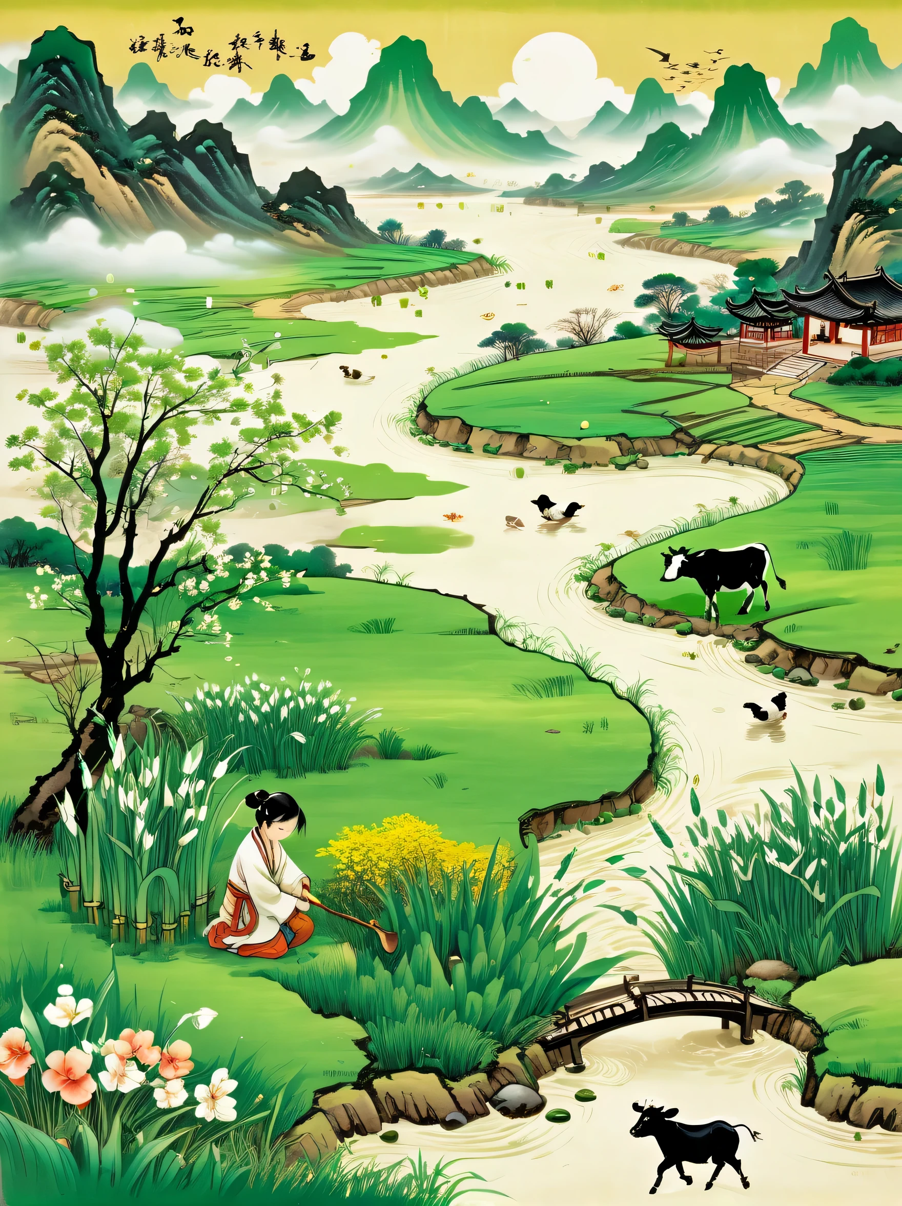 super detailed，Chinese ink style，Chinese Dream Landscape，It rains during Qingming Festival，A cute little Chinese boy，Dressed in light-colored Hanfu，Planting vegetables with a hoe，A black cow eats grass，From Bubble Mart。she is in the fields，distant river、grassland，There are mountains in the distance，birds circling in the sky，With green onions。