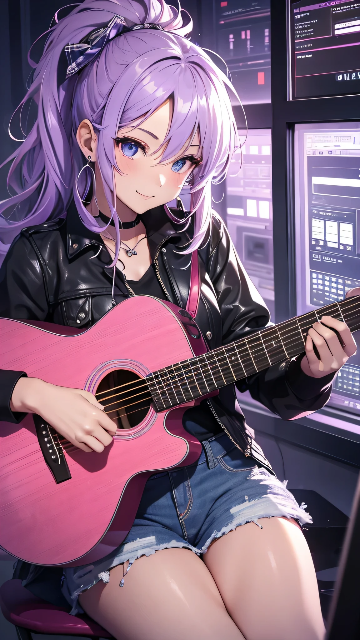 最high quality、best image quality、masterpiece、girl((20-year-old、 By becoming、vest bust、medium bust,wide open breast tea、shining eyes, neon hair、long hair、thin,highest valley、ponytail、Damaged Denim Shorts、black navel shirt、Damaged Denim Jacket、smile、full body tattoo,diamond earrings、Wristband、necklace、sit on a chair、have a guitar、guitar playing、leaning forward、elation)),high quality、beautiful art、background((Hacker Room、server room、neon lighting、computer stand、Laptop))、Flight、debris flies、Depth of written boundary、movie、visual art、perfect art、8k,genuine、