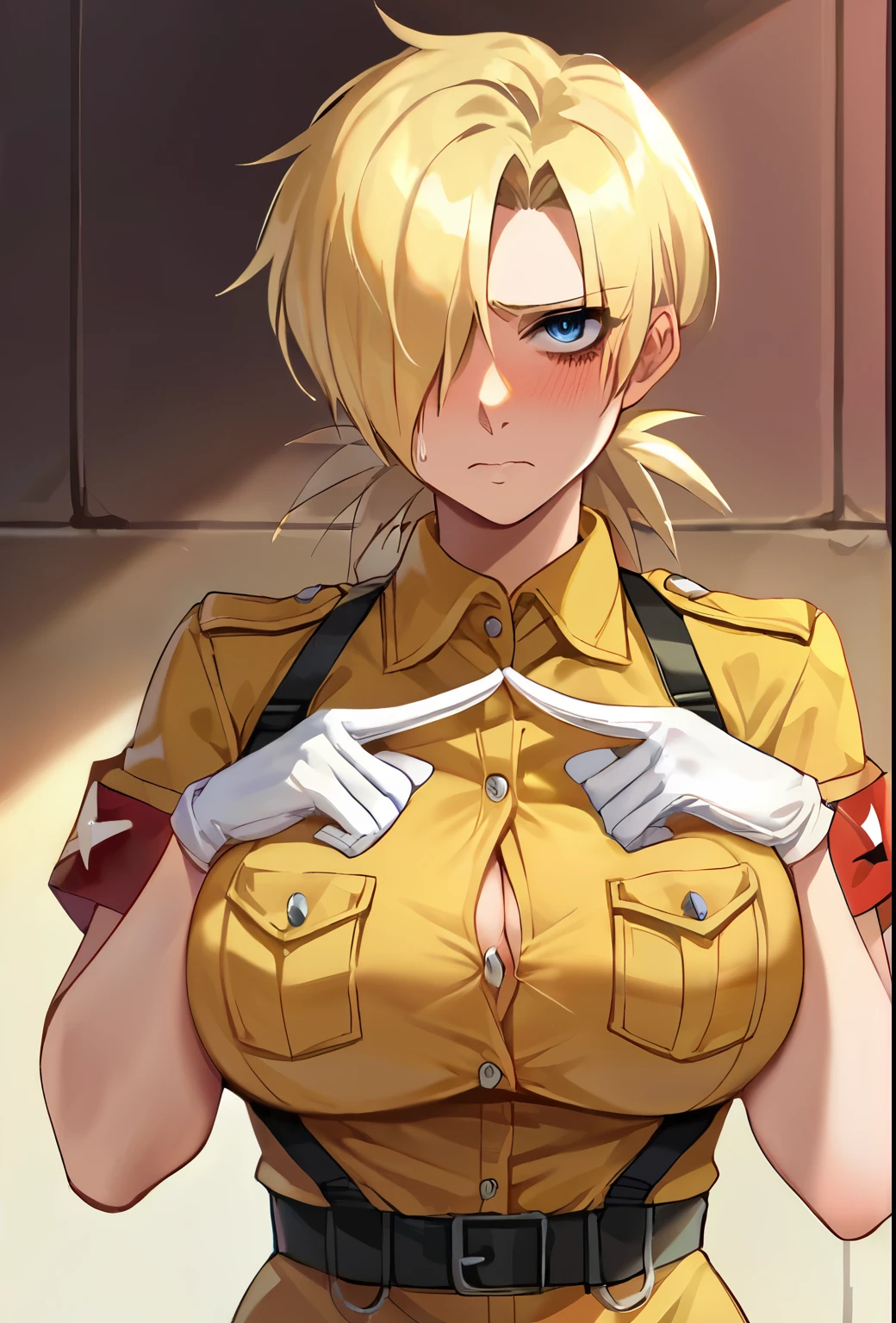score_9, score_8_up, score_7_up, source_anime, solo, 1girl, seras victoria, hellsing, blush, shy, looking at viewer, index fingers together, blonde hair, hair over one eye, blue eyes, yellow shirt, short sleeves, white gloves, humongous breasts, large breasts, massive breasts, boob window 