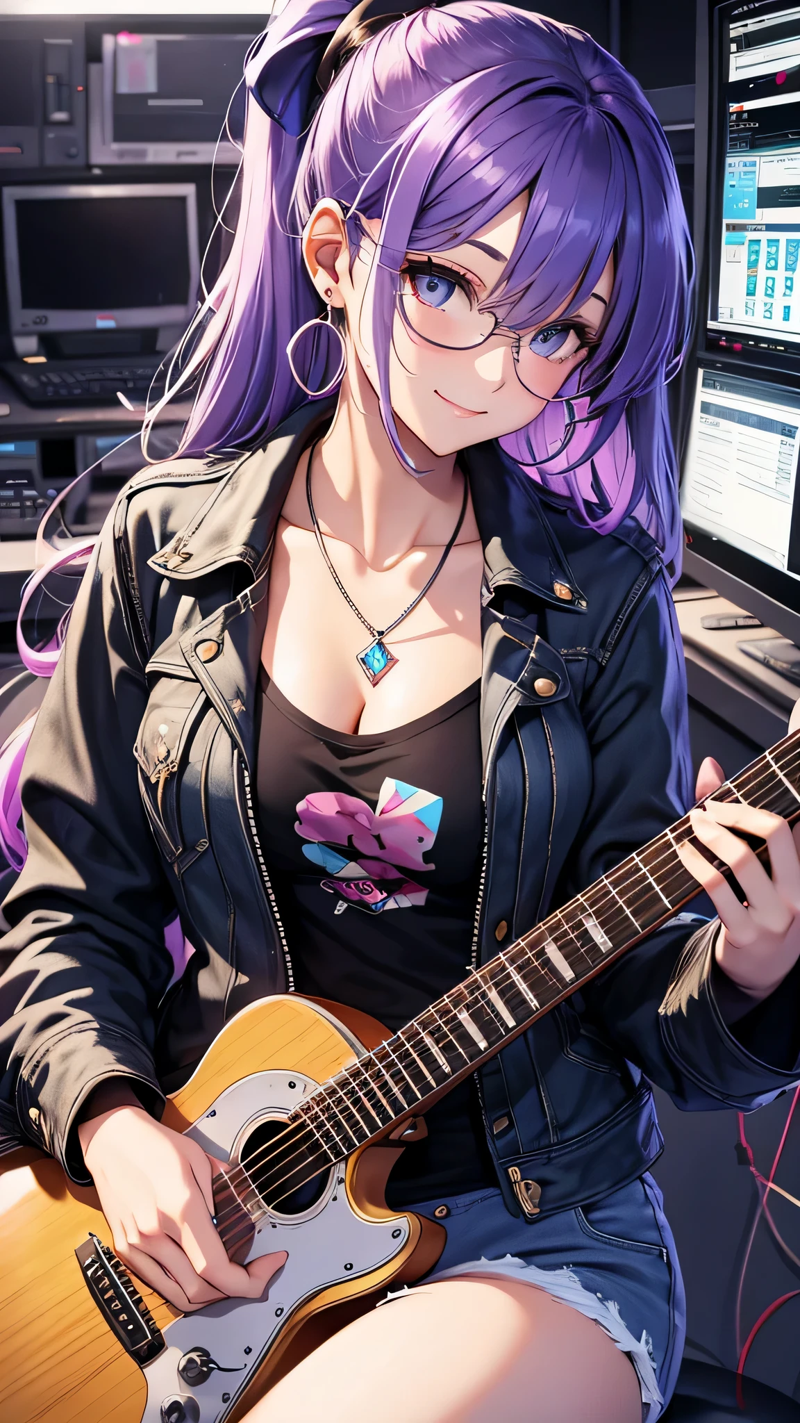 最high quality、best image quality、masterpiece、girl((20-year-old、 By becoming、vest bust、medium bust,wide open breast tea、shining eyes, neon hair、long hair、thin,highest valley、ponytail、Damaged Denim Shorts、black navel shirt、Damaged Denim Jacket、smile、full body tattoo,diamond earrings、Wristband、necklace、sit on a chair、have a guitar、guitar playing、leaning forward、elation)),high quality、beautiful art、background((Hacker Room、server room、neon lighting、computer stand、Laptop))、Flight、debris flies、Depth of written boundary、movie、visual art、perfect art、8k,genuine、