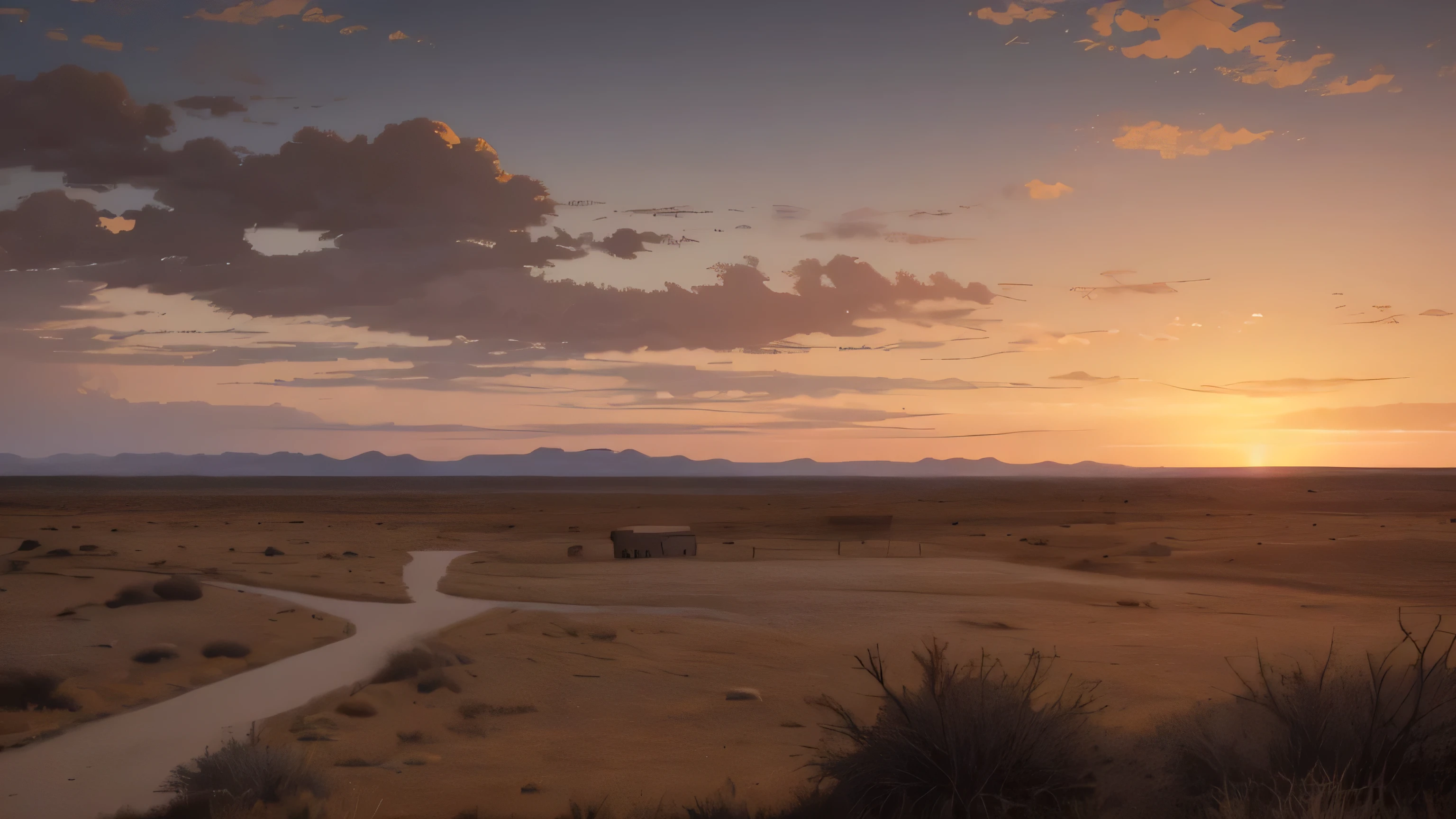 (desolate wild west landscape, dramatic sunset),oil painting,windswept,barren land,lonely tree(s),abandoned farmhouse in the distance,dusty trail,hazy atmosphere,dramatic clouds,muted colors,sparse grass,xeriscape,golden light,rugged terrain,weathered wooden fence,crows circling overhead,remote and isolated,hauntingly beautiful,majestic,serene silence,warm desert breeze,solitude