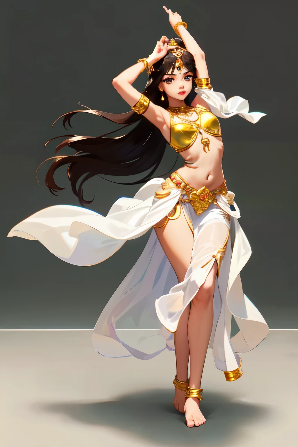 1girl, 3gypt1anb3llyD, barefoot, midriff, dancer, belly dancer, long dark hair, grey skin, 2d, dancing, white background