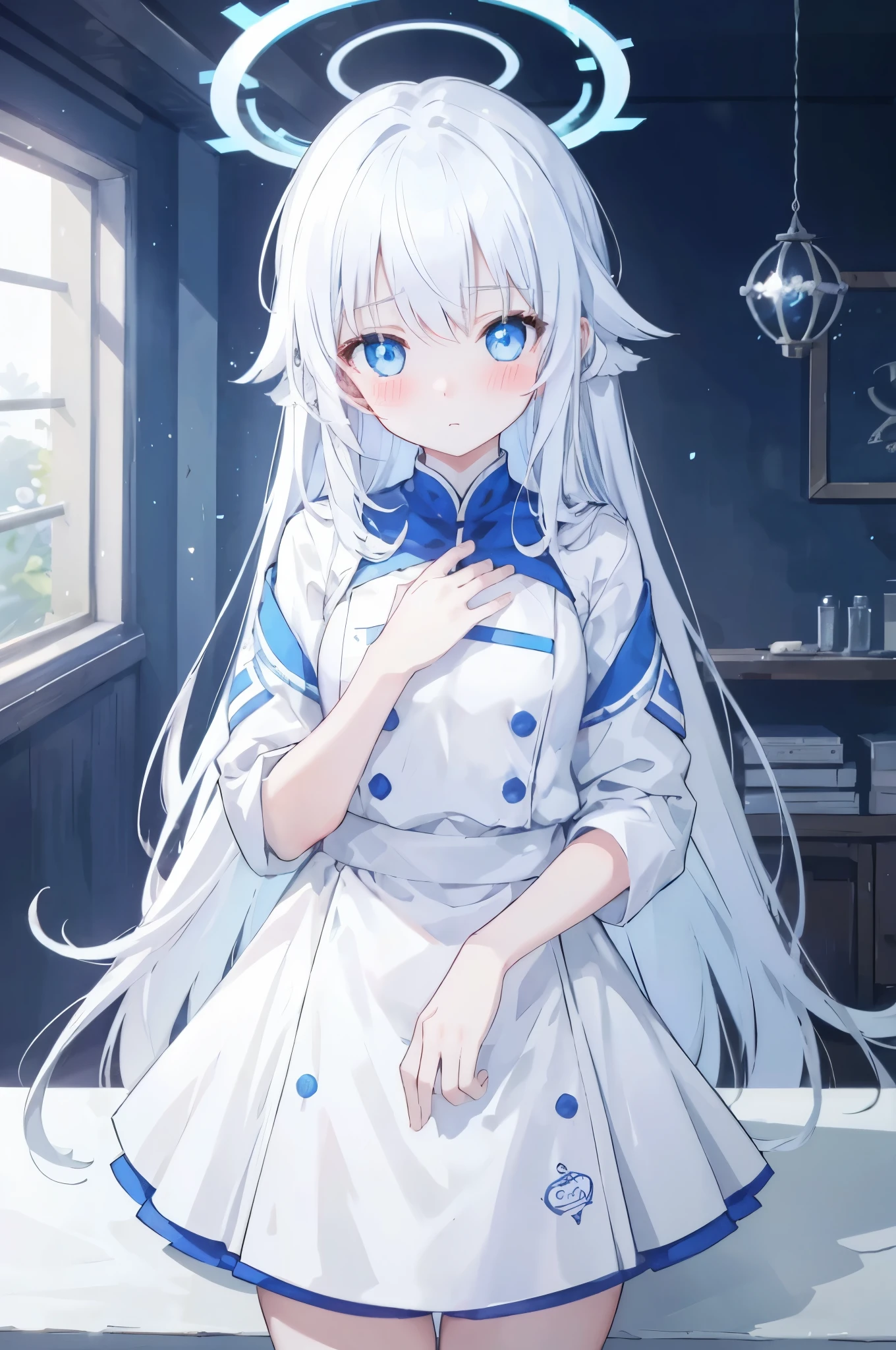 fair skinned,A blushing expression,Stand sideways,white long straight hair,Hair has turned white,white hair,blue eyes,emphasize,Eyes emit blue light,female hands,newbie