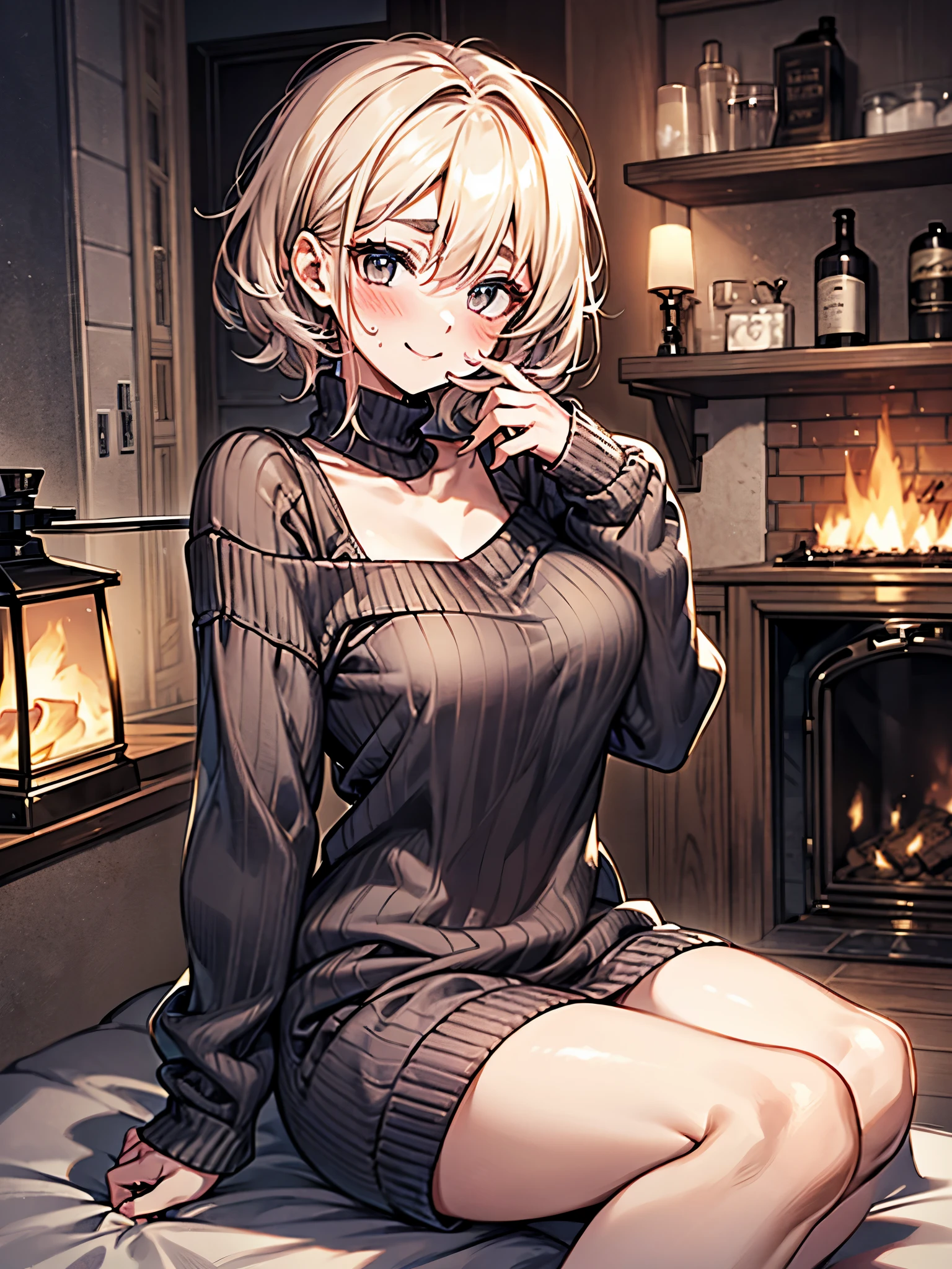 anime style:1.3,full body figure:1.3、one adult woman:1.3、(((blush:1.3)))、(((thin eyebrows、stare:1.3))),(((I'm embarrassed:1.3)))、in front of the fireplace:1.3、Sweat:1.3,(((clavicle:1.3,、sweater:1.3)))、(((smile:1.2)))、cute、(((black color、short hair)))、blonde:1.3、big breasts:1.3
