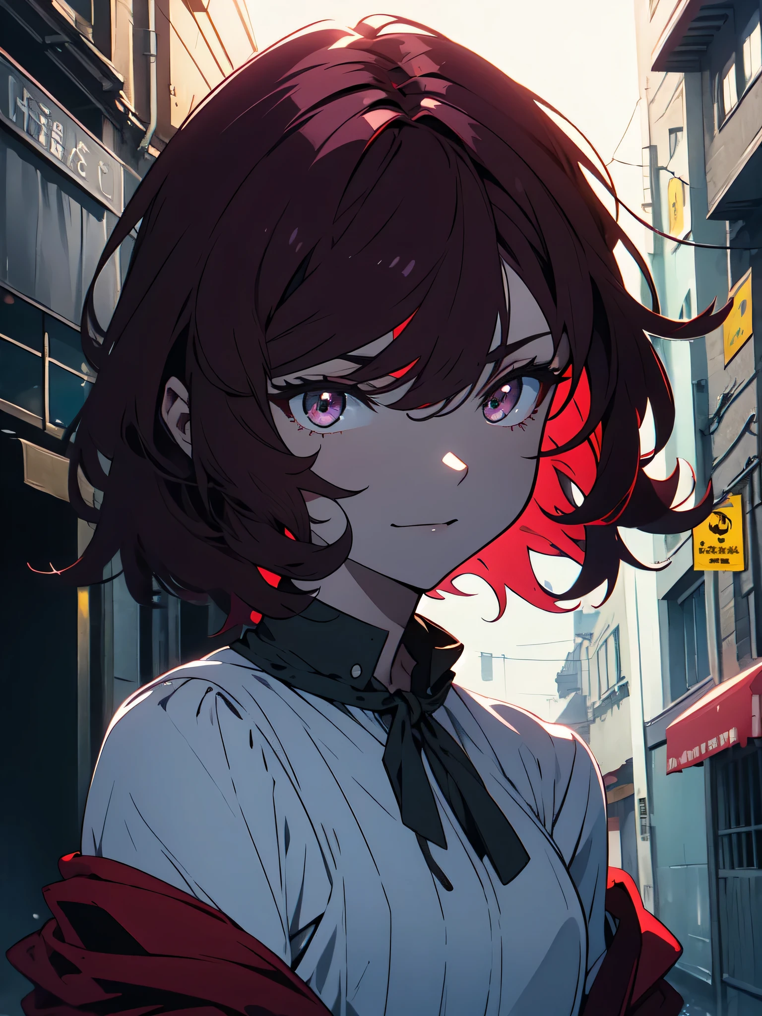 (masterpiece, highest quality)、(shining eyes), ((one young man)),(cool boy)、(burgundy hair,inner color)、topaz eyes,serious expression, evil smile,Upper body,line drawing,(Unkempt short hair)、messy hair、(twist perm),(messy hair、two block hair),white blazer,black t-shirt,expressionless eyes,((beautiful animeスタイル))、(dark and serious background),(dark back alley)、(downtown at night)、beautiful anime