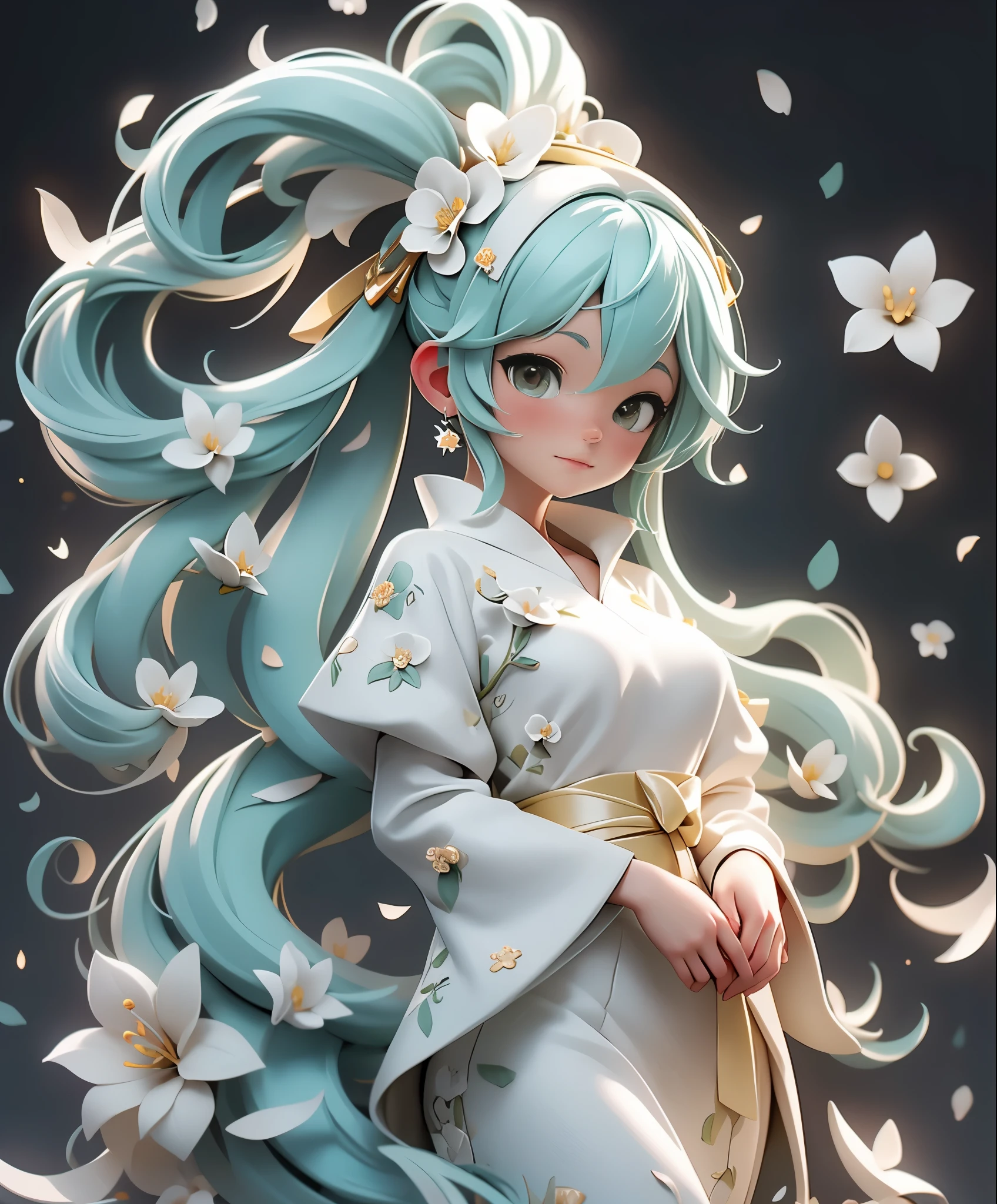 (masterpiece、highest quality、highest quality、official art、beautiful beautiful:1.2)、(1 girl:1.3)Hatsune Miku、twin tails,big breasts,Hatsune Miku ブルーヘア , Kagamine Rin yellow hair , White Wedding Dresses, long hair, flower hairpin, wedding bouquet wrapped in white paper, hand caressed hair, The effect of falling white petals, lily, big,