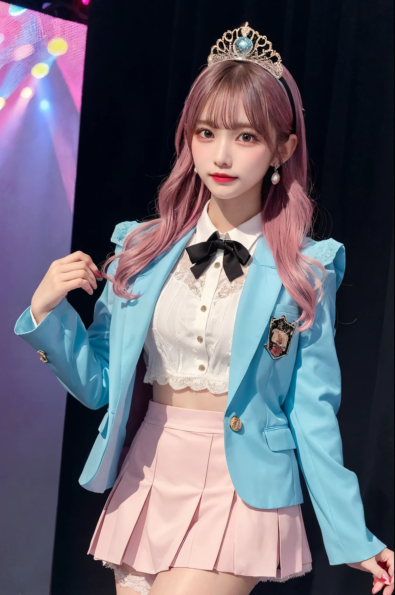 highest quality、masterpiece、Highest image quality、16K、Cute idol face、beautiful woman、lit up on the stage、18-year-old、pink hair、The photo is sparkling、BREAK (coral pink and sky blue theme:1.5) (With a cute design that transforms school uniforms into idol style:1.5), (Add volume and layers of tulle and lace to the skirt:1.7), (Featuring a (brightly colored tailored blazer:1.2) with a cinched waist:1.3), (Accentuate with colorful badges, large ribbons, and sparkly accessories), (Head accessories include a sparkling hair clip and tiara:1.5), This outfit is complemented by custom shoes adorned with sparkles and unique designs, embodying a pop girly aesthetic that's playful yet stylish.