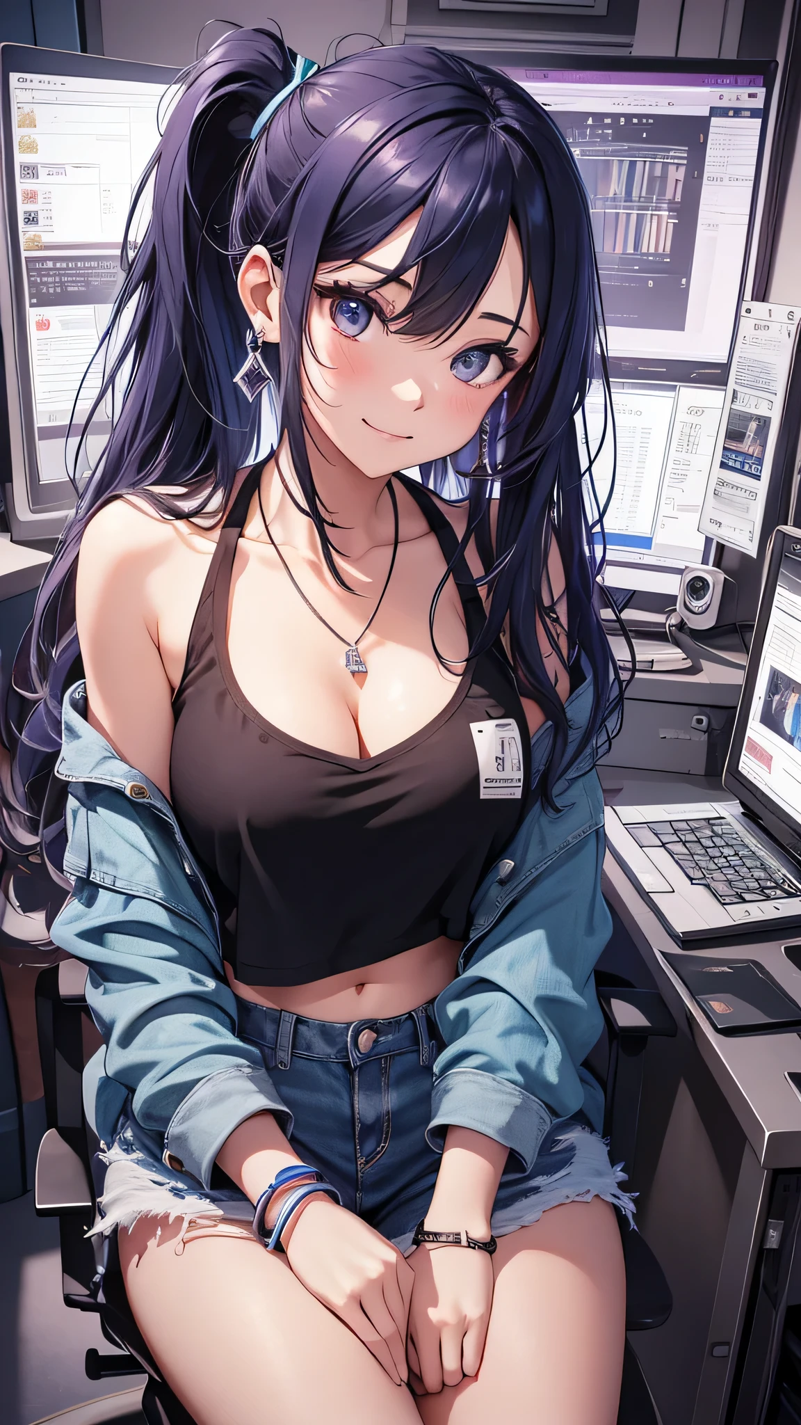 7th March, 7th_march, 1 girl, solo, ((bandeau)),(transparent:1.2), fair thighs, breasts, big breasts, hip skirt, office background, black skirt, pleated skirt, mall, ponytail, blue earrings, room, long hair, looking at the audience, pink short nails, blue eyes, solo, thighs thighs, thighs, (white silk: 1.4), ((masterpiece: 1.1)), sitting, chair, computer on table, name tag, ID tag, interior, blush, sexy pose, Hands behind your back