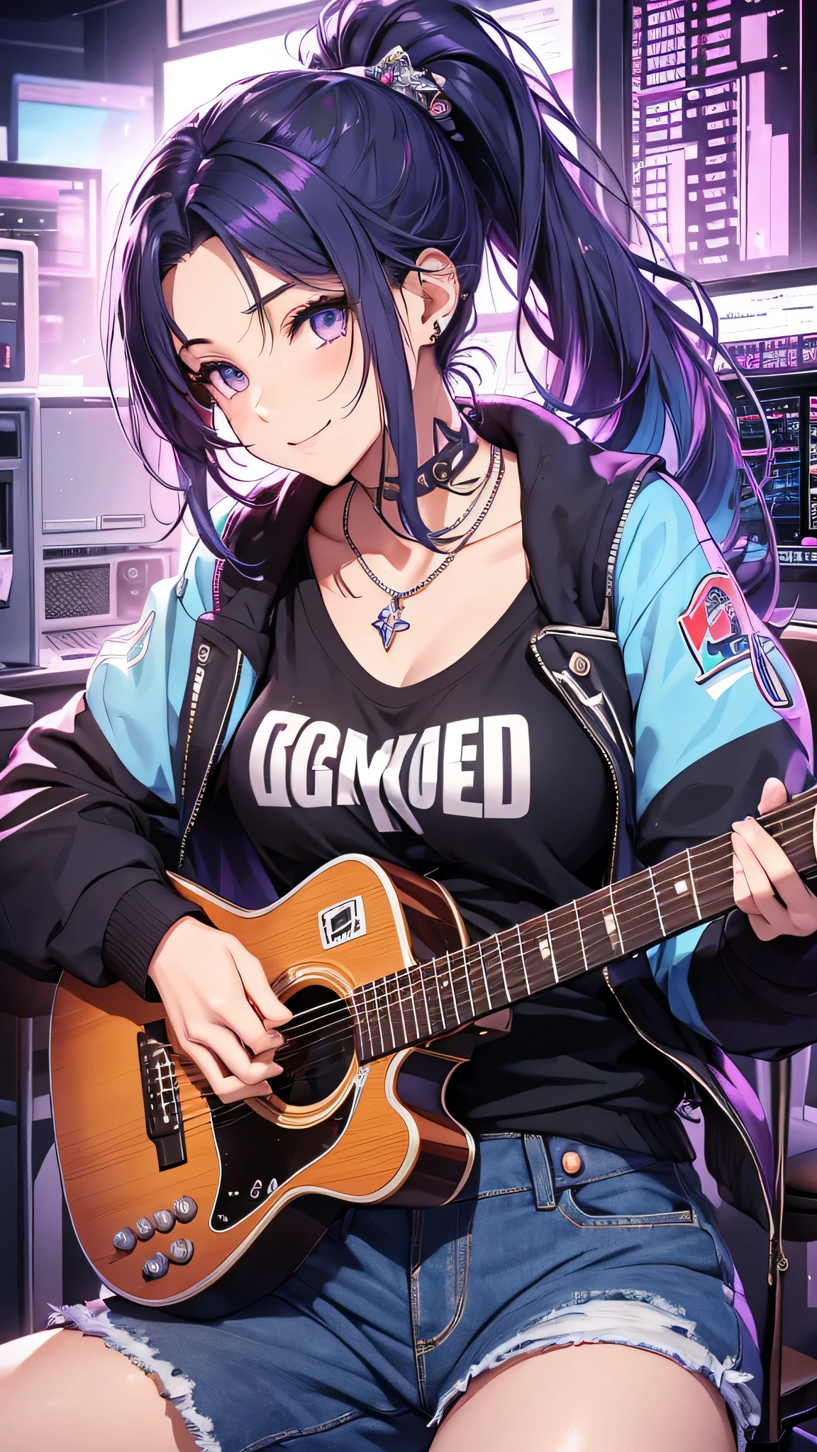 最high quality、best image quality、masterpiece、girl((20-year-old、 By becoming、vest bust、medium bust,wide open breast tea、shining eyes, neon hair、long hair、thin,highest valley、ponytail、Damaged Denim Shorts、black navel shirt、Damaged Denim Jacket、smile、full body tattoo,diamond earrings、Wristband、necklace、sit on a chair、have a guitar、guitar playing、leaning forward、elation、sing)),high quality、beautiful art、background((Hacker Room、server room、neon lighting、computer stand、Laptop))、Flight、debris flies、Depth of written boundary、movie、visual art、perfect art、8k,genuine、