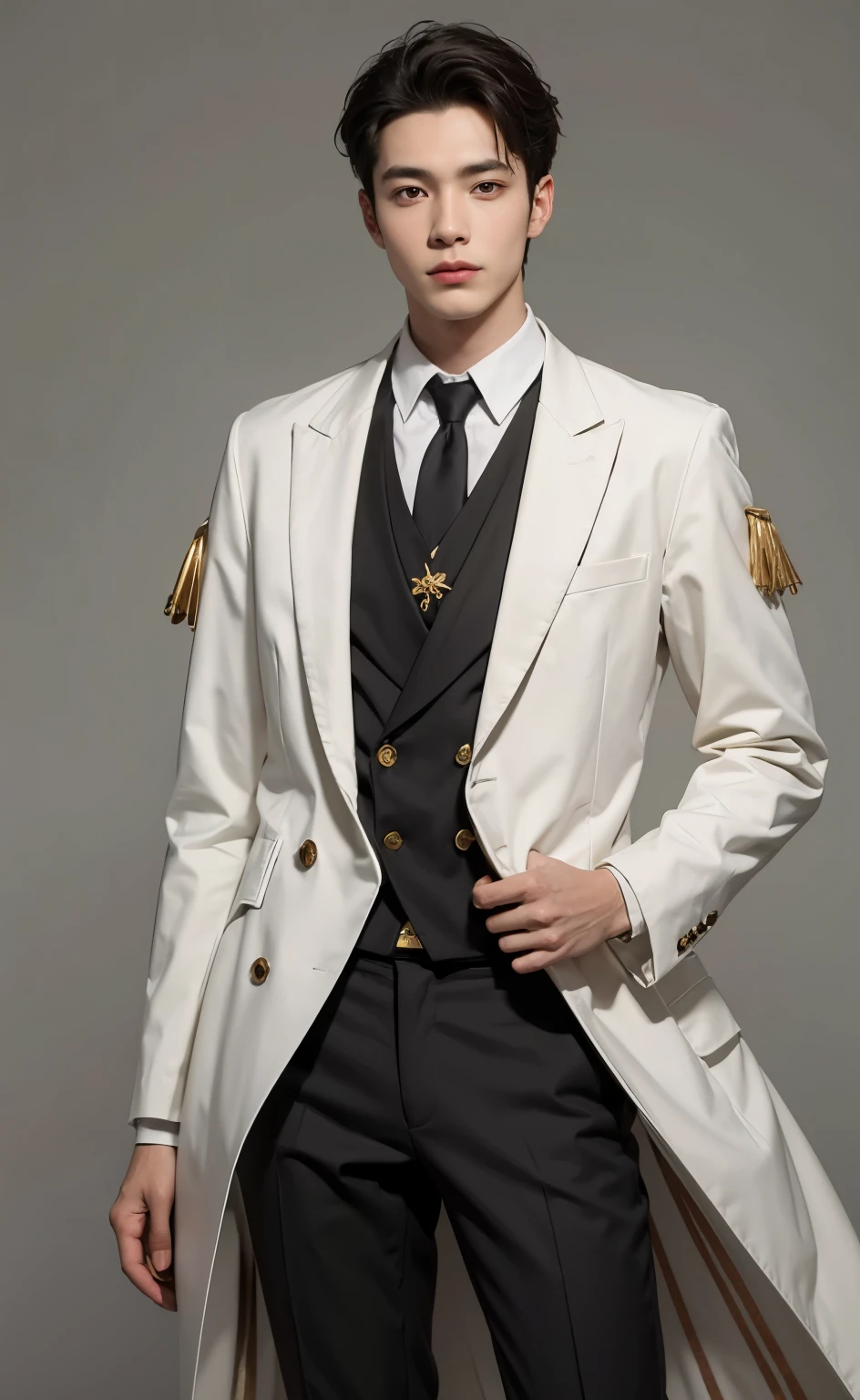 Reference sheet: 1.8, great details, high quality, masterful work, Tall Boy, Beautiful face, manto, long pants, art in bootasterpiece, A high resolution, high quality: 1.2), complex parts, cinematic lighting, Clear Focus, depth of field, White coat, black pants, black shoes with gold toe, Gold Elements, brunette, an aristocrat