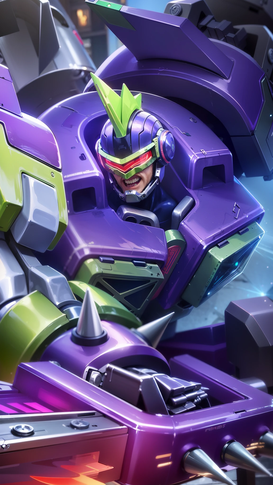 masculine male, masterpiece, best quality, (semirealism:1.9), beautiful lighting, (extremely detailed CG unity 4k fhd wallpaper), High Detail, Sharp focus, dramatic outdoors, a close up of a robot with a helmet on and a sword, futuristic outfit riding a motorcycle, smile.