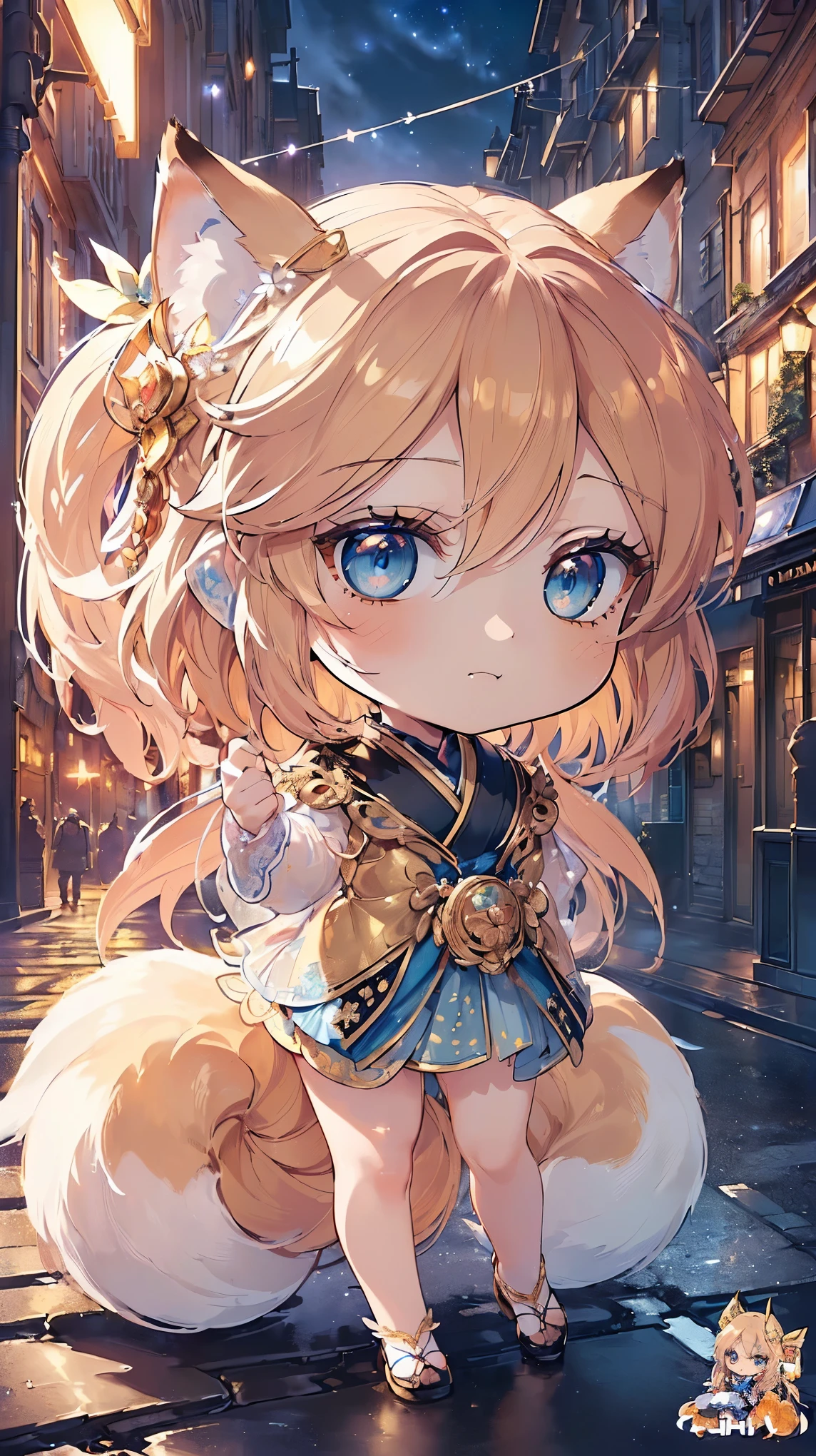 (((Masterpiece))), (((Highest quality))), ((Ultra-detailed)), ((Super fine illustration)), ((Ultra-fine painting)), (16K highest quality wallpaper:1.4), (Chibi:2.0),  (Full body:1.6), HDR, (Highly detailed and delicate illustration style:1.8), Detailed skin texture, Detailed cloth texture, Extreme detailed description, (T-masterpiece), (Highly detailed face:1.2), (Highly detailed fox ears:1.2), (Highly detailed shiny golden brown braid:1.2), (Highly detailed beautiful blue eyes:1.2), (Highly detailed nine tails:1.2), Original, RAW photo, Professional, Intricate details, Super details, Direct light:1.6, (Perfect anatomy:1.4), (Highly detailed hands:1.2), (Highly detailed fingers:1.2), (Highly detailed fingertips:1.2), (23-years-old), Real, (Solo:1.6), (A beautiful and attractive fox model with nine tails and eyes who is a messenger of the gods, and a shrine maiden:1.4) BRAKE (Beautiful and adorable fox ears:1.6), (Highly detailed and delicate fox ears:1.4), (Beautiful and adorable fox nine tails:1.4), (Highly detailed and delicate fox nine tails:1.2), (Beautiful and well-shaped big breasts:1.2), (Beautiful and well-shaped buttocks), (Beautiful and shiny golden brown braid:1.6), (Highly detailed and delicate golden brown braid:1.2), (Beautiful clear blue eyes that shine with great detail:1.6), (Highly detailed and delicate blue eyes:1.2), (Highly detailed face:1.4), (Smile:1.3), (Blush:1.2), (Looking at viewer:1.4) BRAKE (Puffer jacket:1.4), (Casual dress:1.4) BRAKE (concept art:1.2), (detailed fantasy art:1.2) BRAKE ((Highly detailed and delicate night view of the streets of European capitals in spring background:1.6), Highly detailed night view of the streets of a European capital in spring:1.2, Highly detailed and delicate moon and starry sky background:1.4) BRAKE 