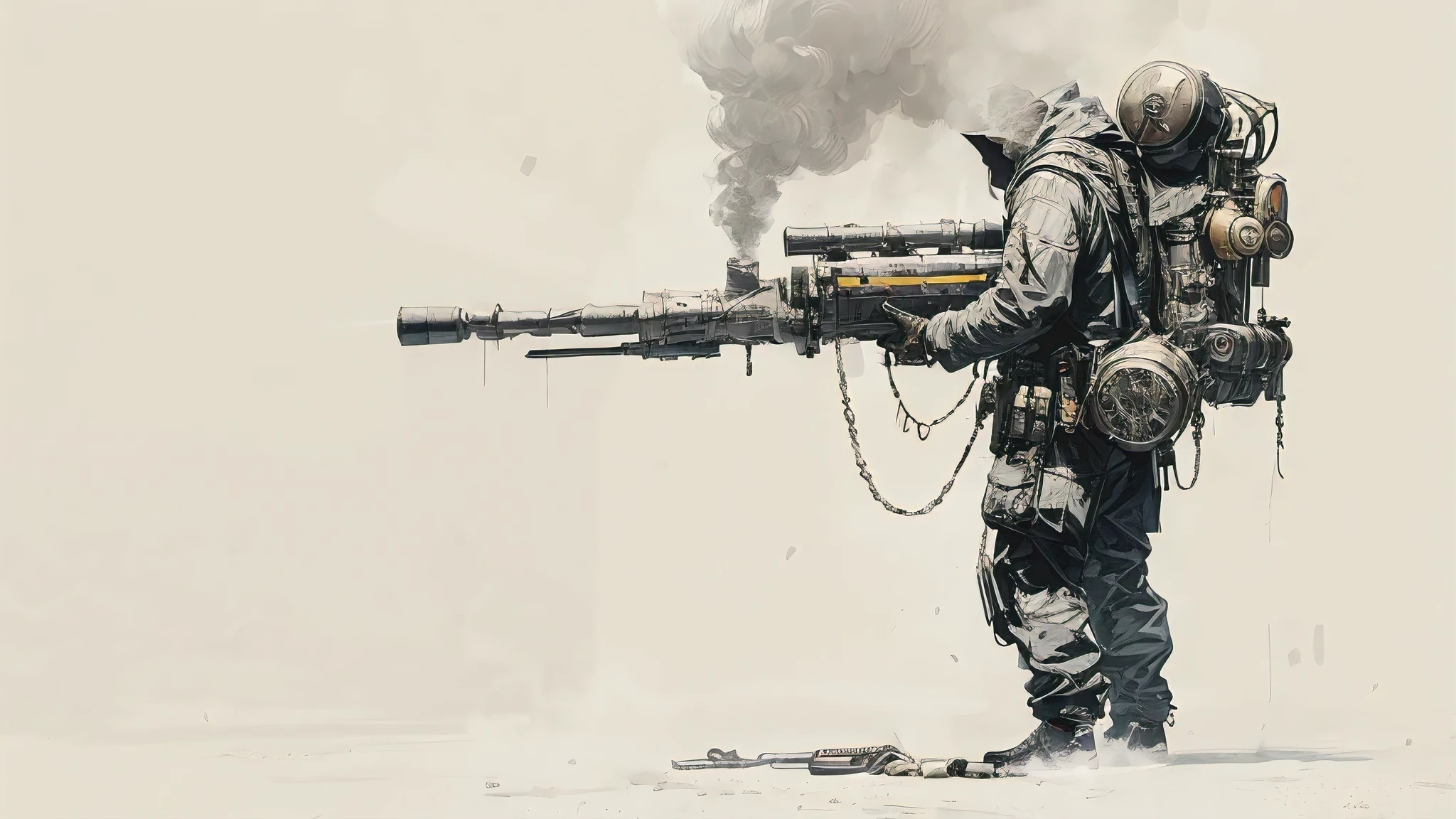 (beat quality, masterpiece:1.2), character design, a smoking man carrying a large futuristic cannon, ammo chain links to his backpack, simple lines, simple background
