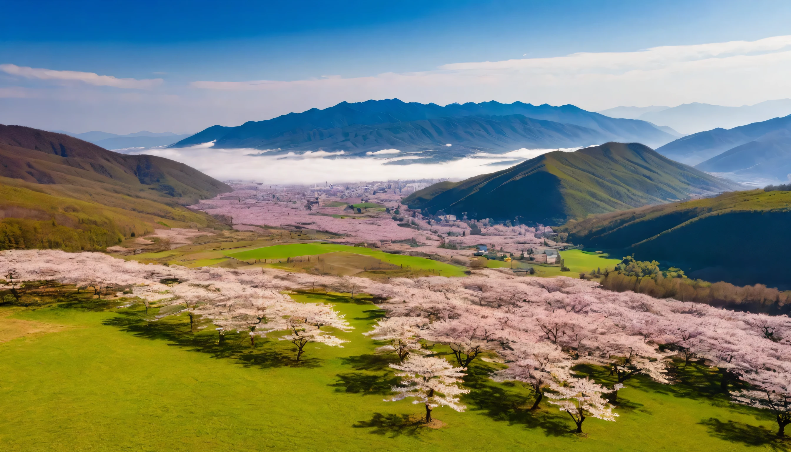 Aerial photography of wild cherry blossoms all over the mountains and plains,Blue sky and white clouds,rolling mountains,this is spring
