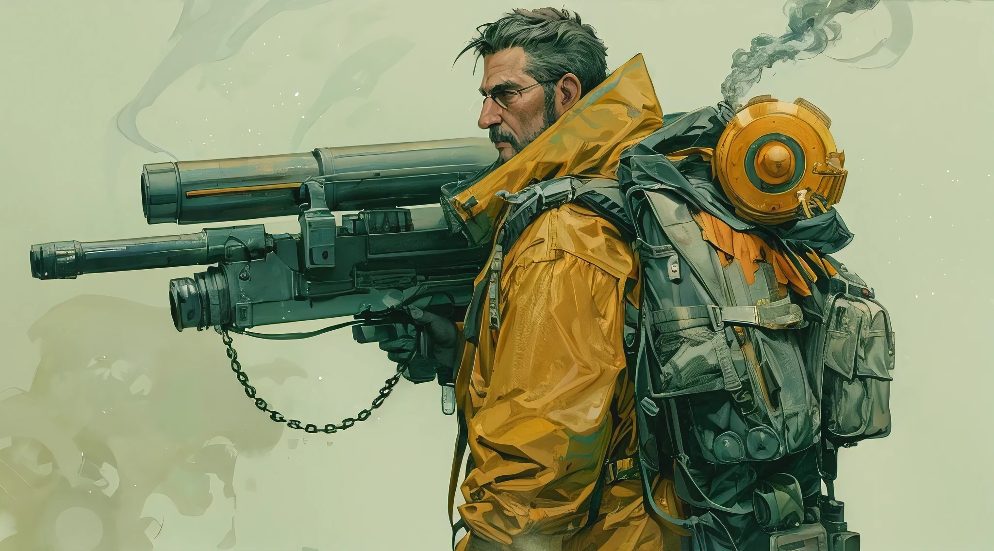 (beat quality, masterpiece:1.2), character design, a smoking man carrying a large futuristic cannon, ammo chain links to his backpack, simple lines, simple background