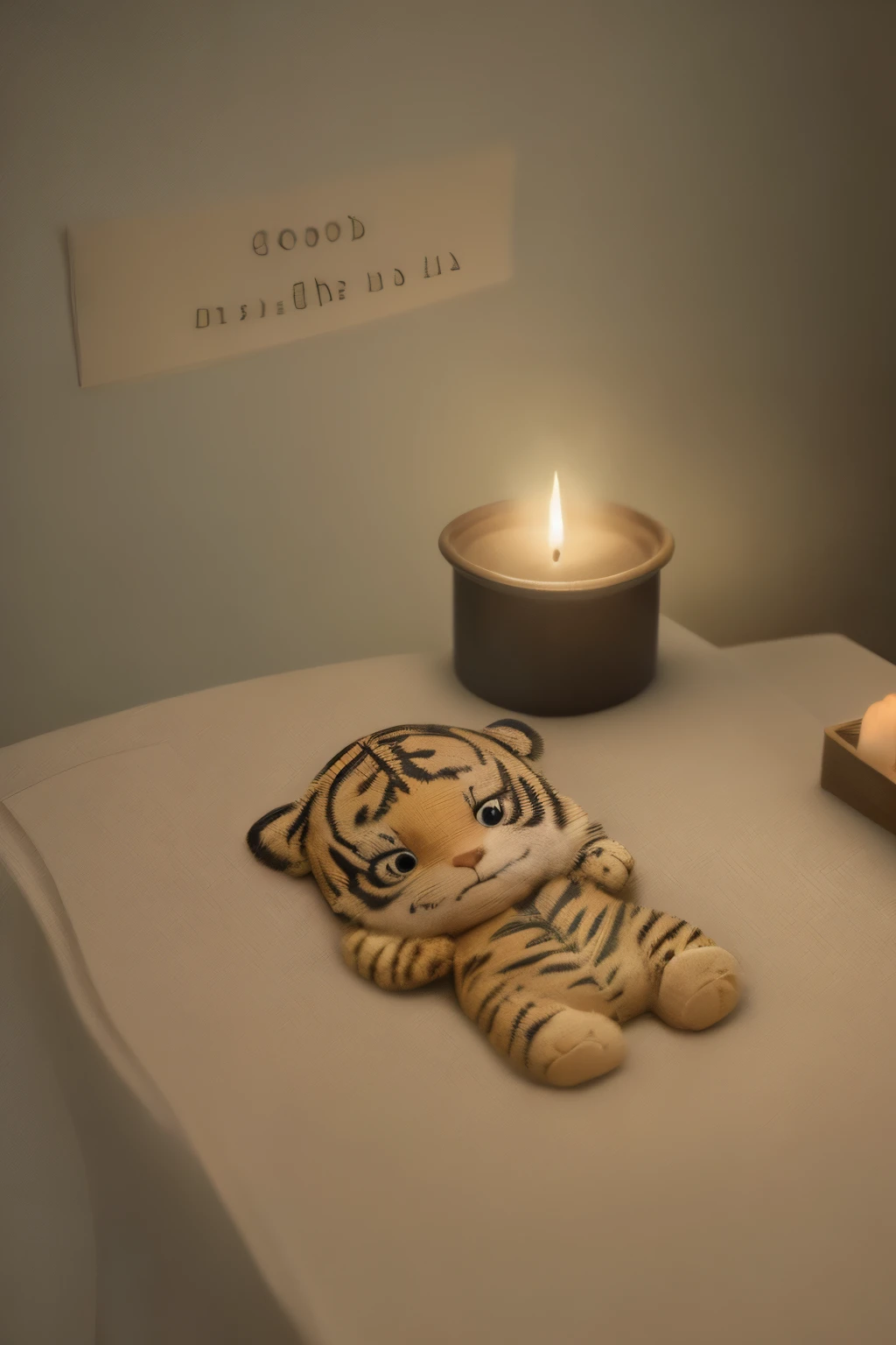 Resting on the kitchen table is an embroidered cloth with the text 'good night' and an embroidered baby tiger. Next to the cloth there is a lit candle. The lighting is dim and dramatic.