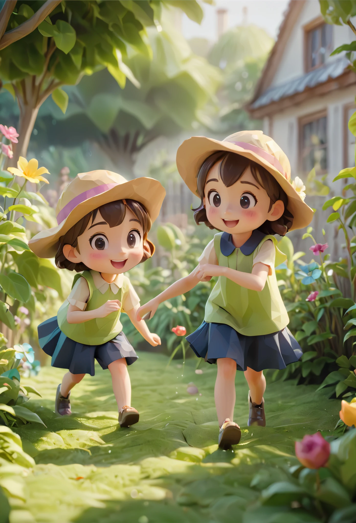 happy children's day, boy's and girl's playing in garden creatures, shy smile, kawaii, fantasy, dreamlike, surrealism, (dynamic pose), super cute, 8k, 3D, blender, CGI, highly detailed, intricate, award-wining, cinematic, beautiful light, 100mm,
