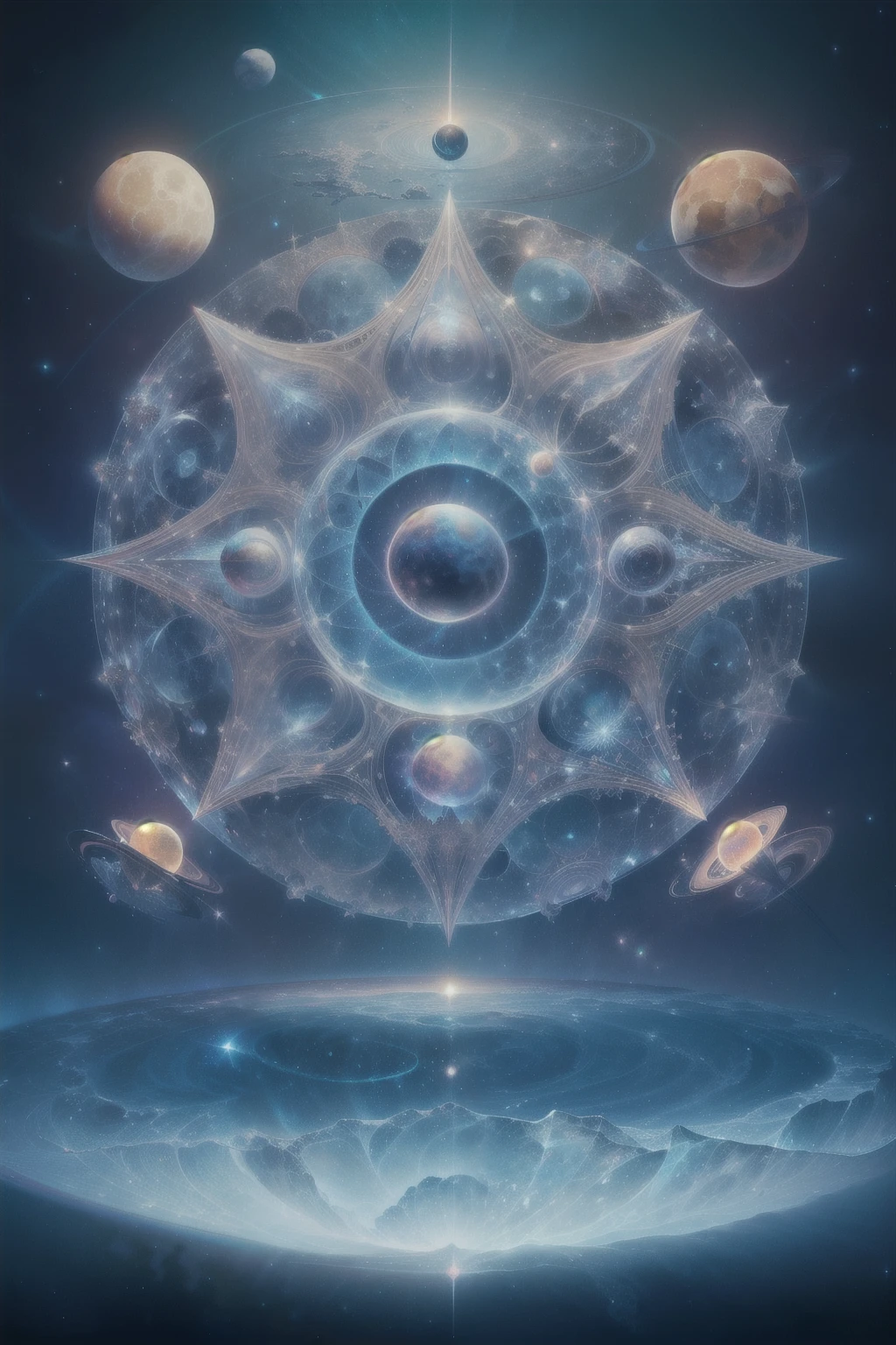 a painting of a circular design with many planets in the background, Estructuras fractales sagradas, arte visionario style, apariencia astral, arte visionario, fractal sacred geometry, cosmic entity, en el plano astral ) ) ), greg escarabajo, obra de psytrance, inspirado en tomasz alen kopera, galactic dmt entity, astral plane, highly detailed arte visionario, cosmic illumination