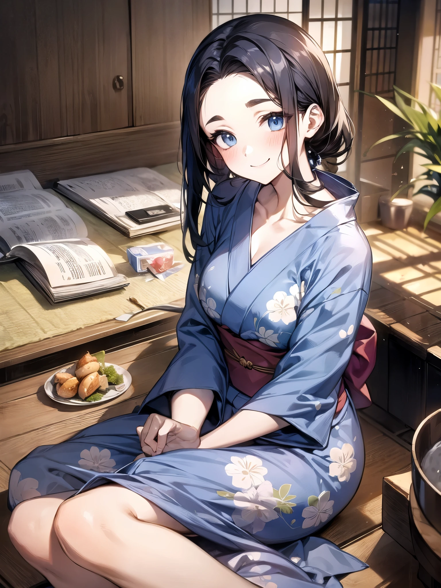 anime style:1.3,full body figure:1.3、adult woman:1.3、(((blush:1.3)))、(((thin eyebrows、stare:1.3))),(((I'm embarrassed:1.3)))、inn room:1.3、sit on a cushion:1.3,Sweat,(((clavicle:1.3,、Wear a dark blue yukata:1.3、Japanese-style jacket:1.3)))、(((smile:1.2)))、cute、(((black color、semi-long、Forehead)))、big breasts:1.3,Alcohol and snacks lined up on the table