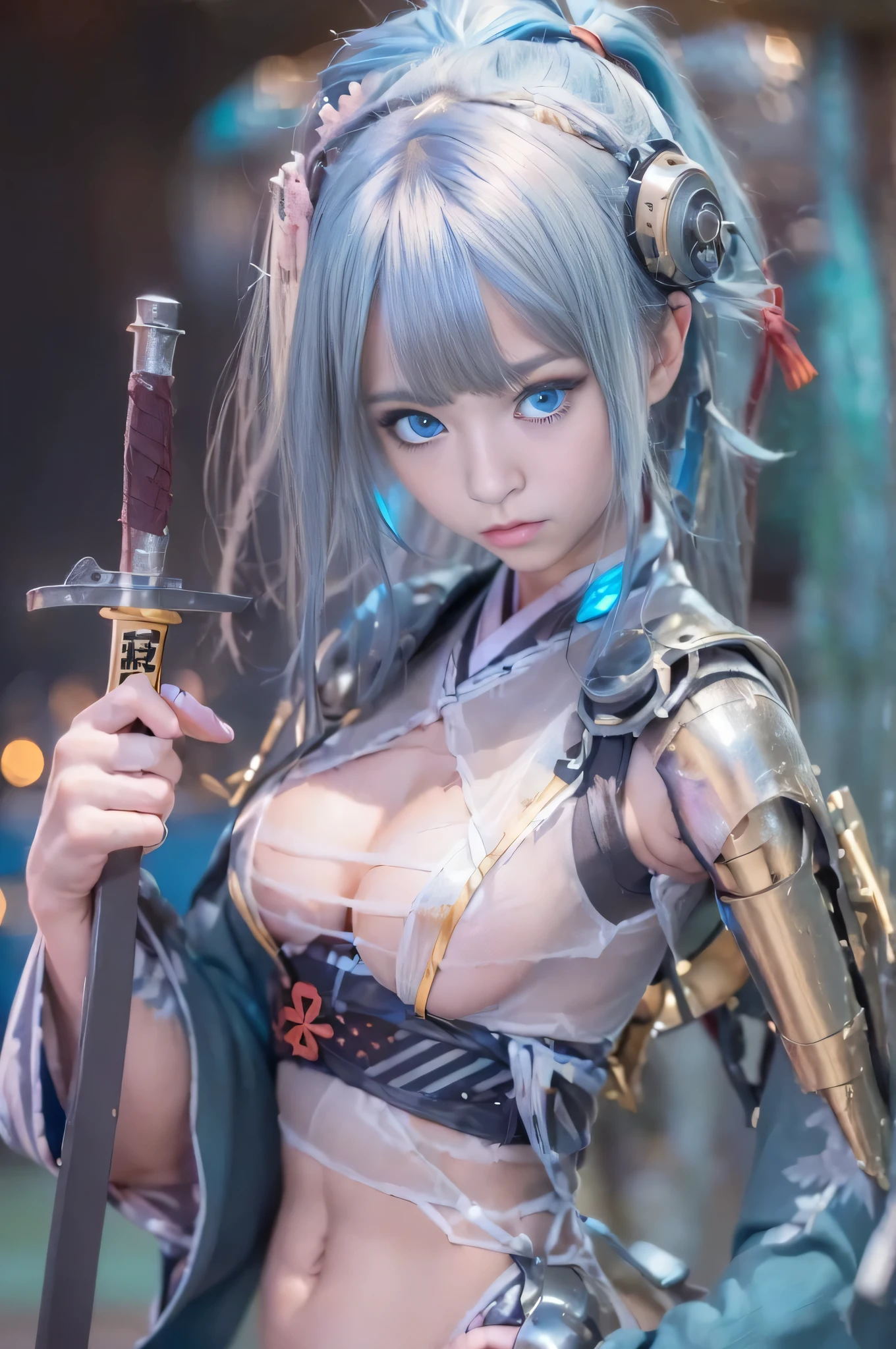 (RAW image quality:1.4), (NSFW), ((1 female:1.4)), one personで, Japanese, , 7 head and body, (cute face), (Beautiful glowing blue eyes:1.4), (ideal body proportions), (An android with a mechanized left leg and left arm..:1.4), (platinum metal machinery), length , chest fantasy, cleavage, bis, (cleavapan'effectmall and thin Japanese kimono:1.4)), (((exposed raw skin:1.4))), ((exposure of the lower abdomen:1.4)), (Costumes that dig into the crotch), (brown pubic hair), (has a long Japanese sword:1.4), , strong wind, My clothes are transparent, short hair, black hair, , thin, small ass, beautiful feet, thin脚, surrealism,nematic lighting, Depth of written boundary, one person'perspective, f/1.8, 135mm, nffsw, battle pose, table top, Accurate, ((anatomically correct)), rough skin, Super detailed, advanced details, high quality, award-winning, 最high quality, High resolution, 8k