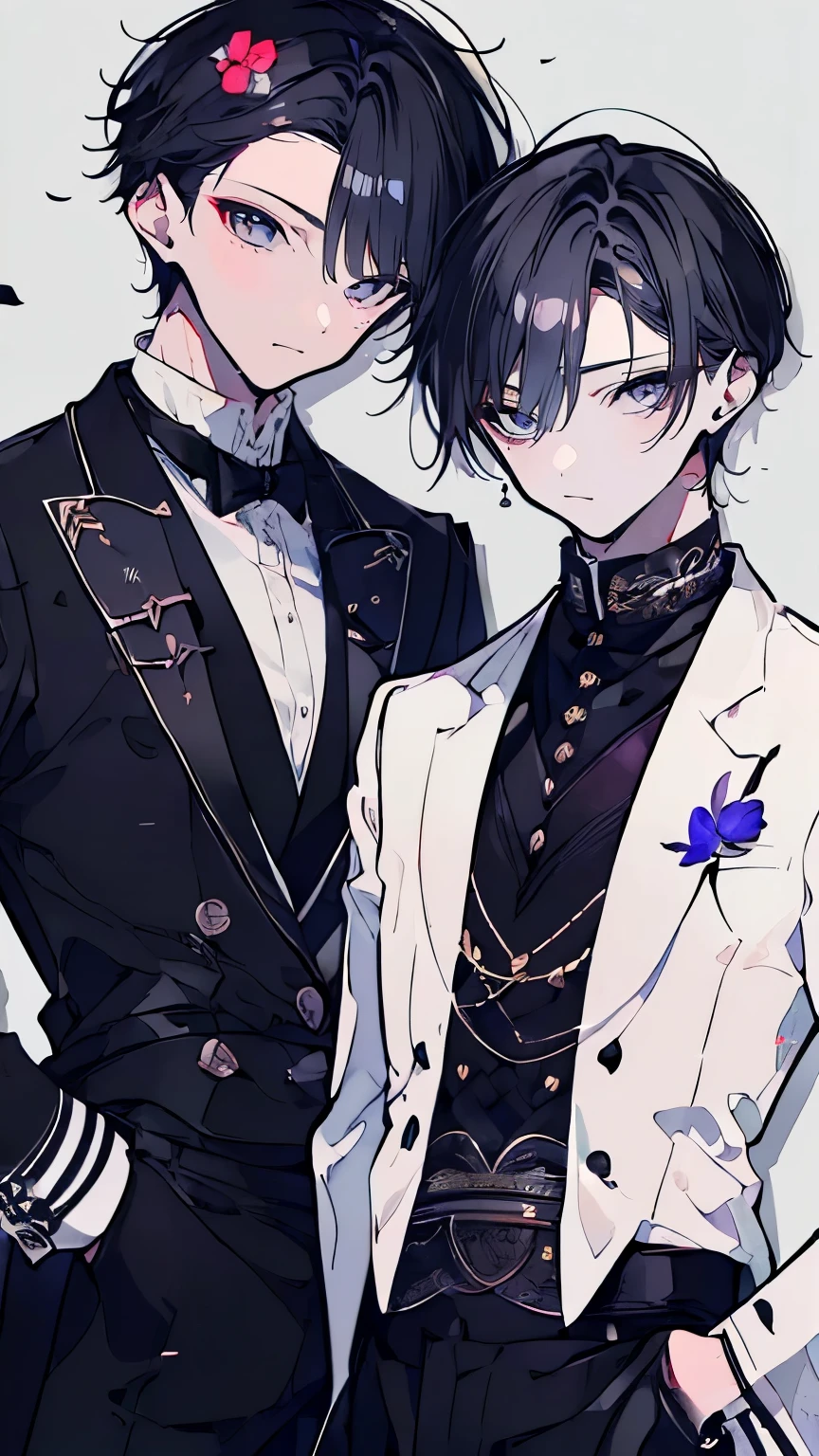 very detailed, ((two friendly young men:1.5)), perfect face, beautiful face, very detailed顔，(black-haired young man:1.3)，(white-haired young man:1.3)，ruffle shirt，smile，flower