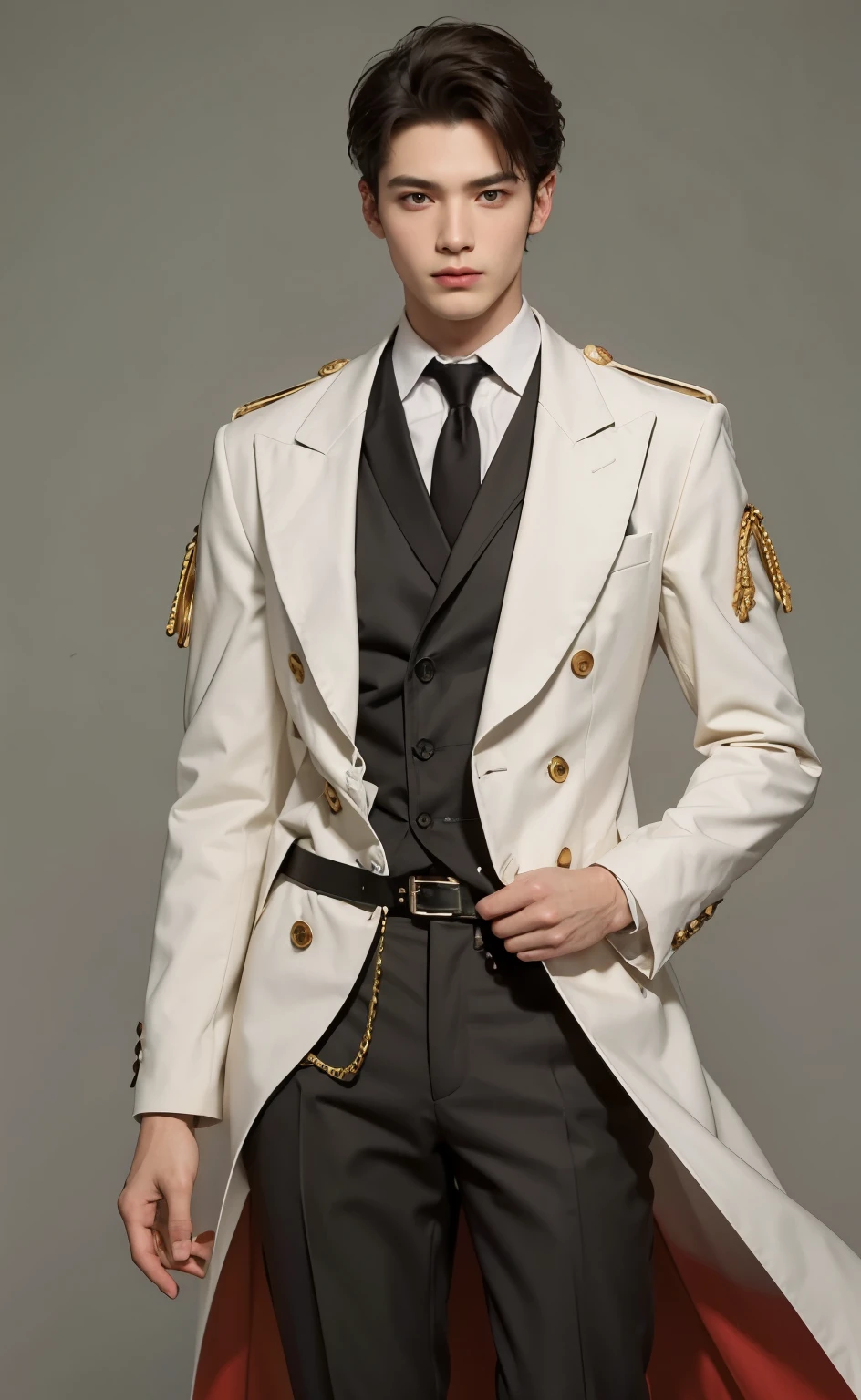 Reference sheet: 1.8, great details, high quality, masterful work, Tall Boy, Beautiful face, manto, long pants, art in bootasterpiece, A high resolution, high quality: 1.2), complex parts, cinematic lighting, Clear Focus, depth of field, White coat, black pants, black shoes with gold toe, Gold Elements, brunette, an aristocrat