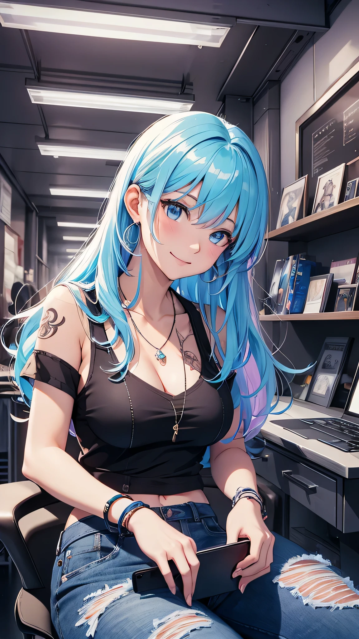 最high quality、best image quality、masterpiece、girl((20-year-old、 By becoming、vest bust、medium bust,wide open breast tea、shining eyes, neon hair、long hair、thin,highest valley、Damaged Denim Shorts、black navel shirt、Damaged Denim Jacket、smile、full body tattoo,diamond earrings、Wristband、necklace、sit on a chair、have a guitar、guitar playing、leaning forward、elation、sing)),high quality、beautiful art、background((Hacker Room、server room、neon lighting、computer stand、Laptop))、Flight、debris flies、Depth of written boundary、movie、visual art、perfect art、8k,genuine、