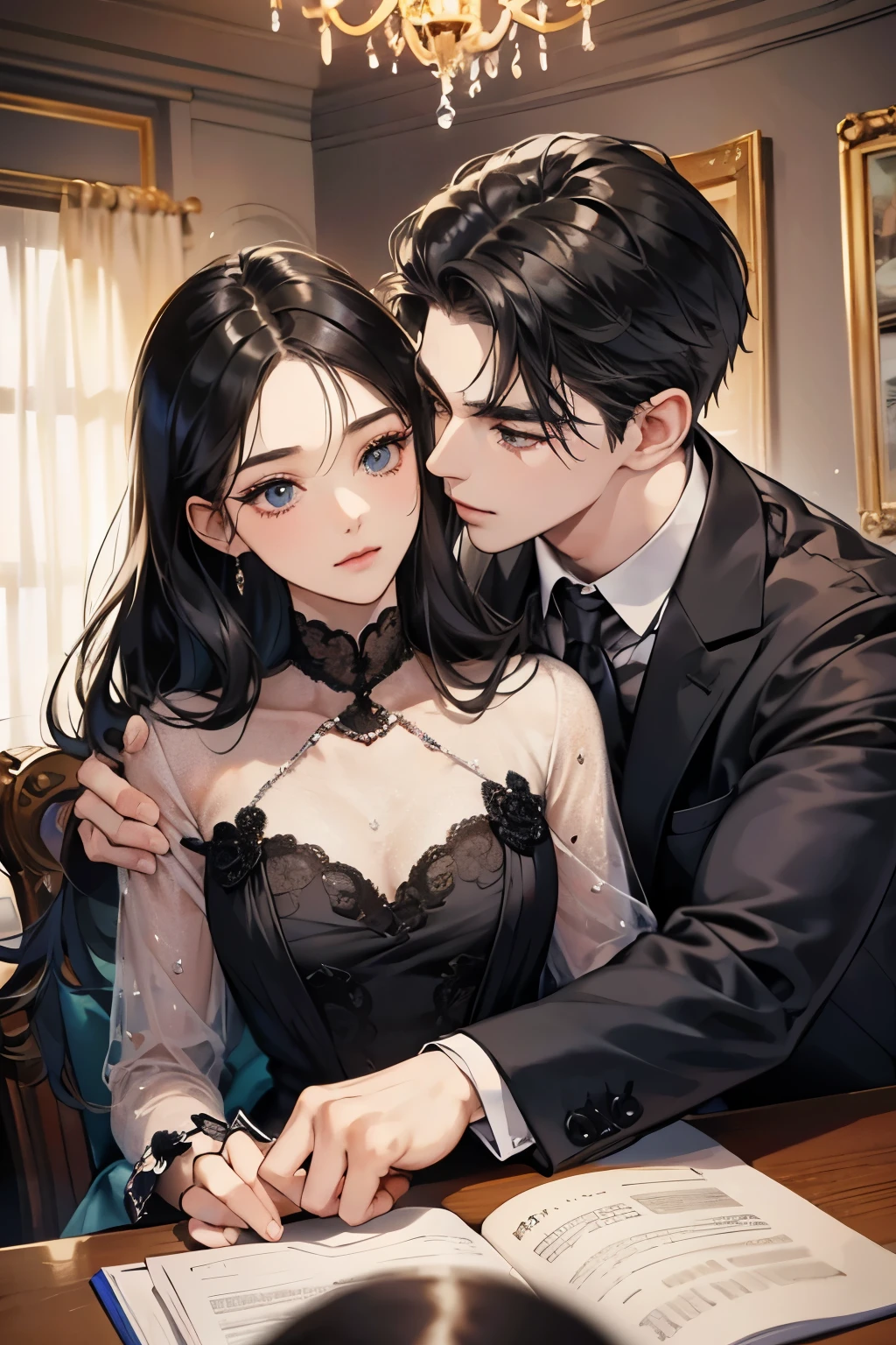 (table top, digital art, digital illustration, 4k, 8k, Super detailed, beautiful images, clear image, realistic, RAW photo, perfect face, perfect lines, perfect eyes, soft lighting) 1 female, (long black hair,straight hair,bullish look,Beautiful woman,suit,solid makeup,small breasts、23 year old female,:1.3),secretary, suitを着たハンサムな男性 2 人, (human,suitを着た男,muscular,solid shoulder width, human,boyish hairstyle,british gentleman&#39;s style,A man in his 30s with a cool expression,28 year old man with a bright smile:1.2),night office scene,antique furniture,antique clamp,antique chair,chandelier,party、couple、coupleキス、romance、romanceポルノ、look at each other、hug each other