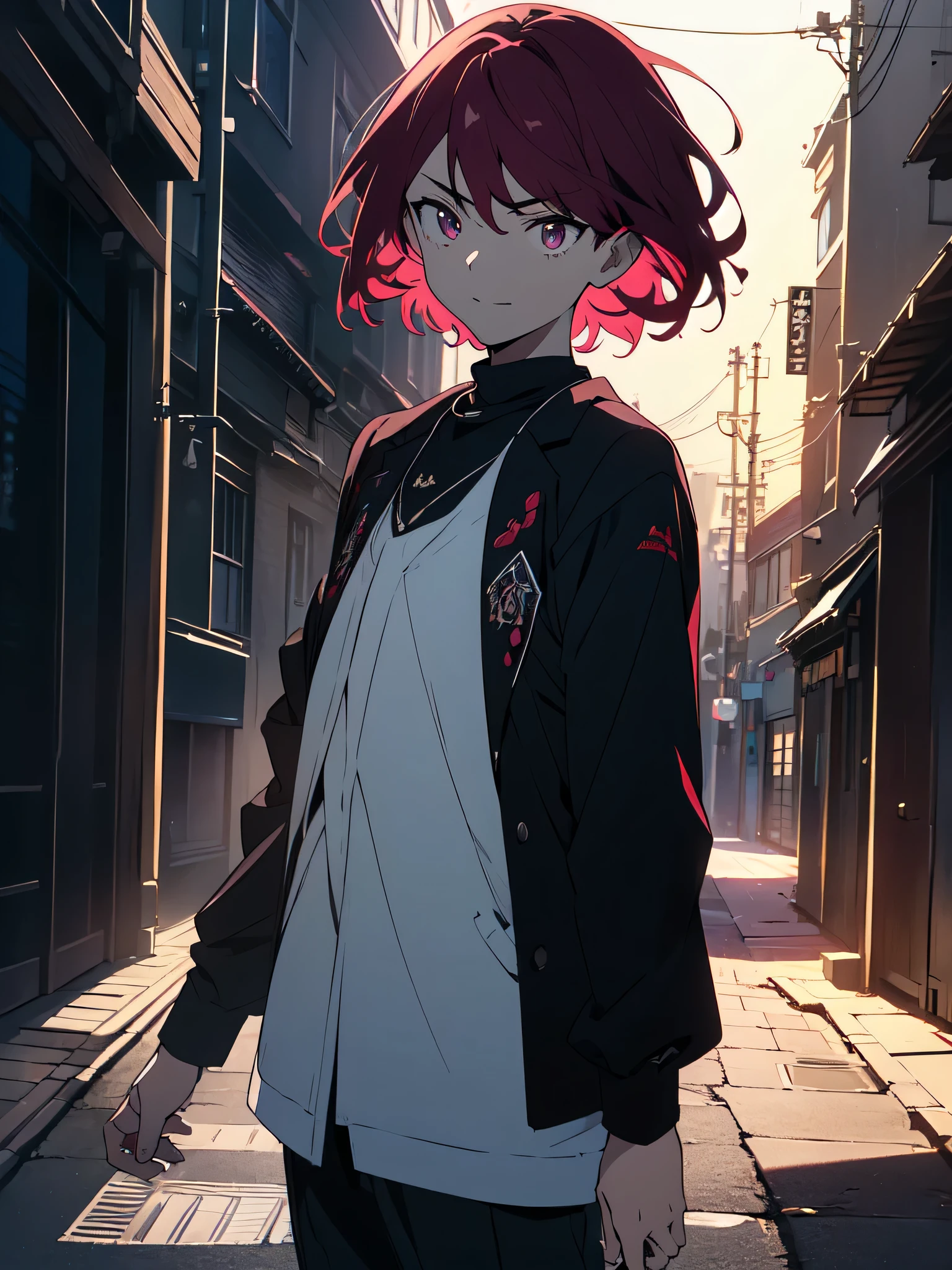 (masterpiece, highest quality)、(shining eyes), ((one young man)),((cool boy))、(burgundy hair,inner color)、colorful eyes,serious expression, evil smile,line drawing,((Sloppy,short hair))、messy hair、(twist perm),(Sloppyの髪、two block hair),white blazer,black t-shirt,expressionless eyes,((beautiful animeスタイル))、(dark and serious background),(dark back alley)、(downtown at night)、beautiful anime