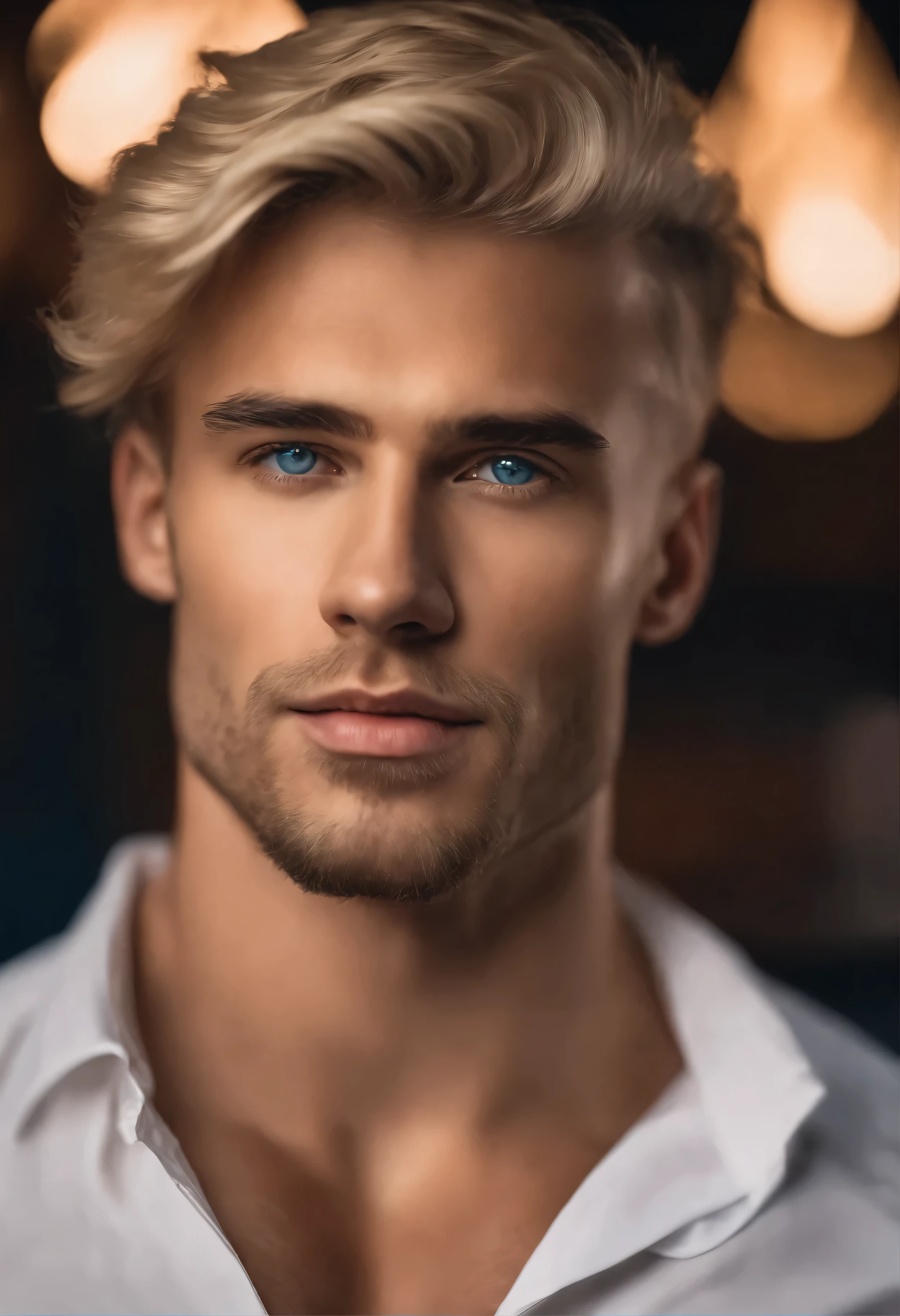 Fotografie, Masculine perfection, Starke Kieferpartie, volle Lippen, in einem club, Roman nose, kurze blonde Haare, blaue Augen, Hyperrealistisch, 8K --V 4