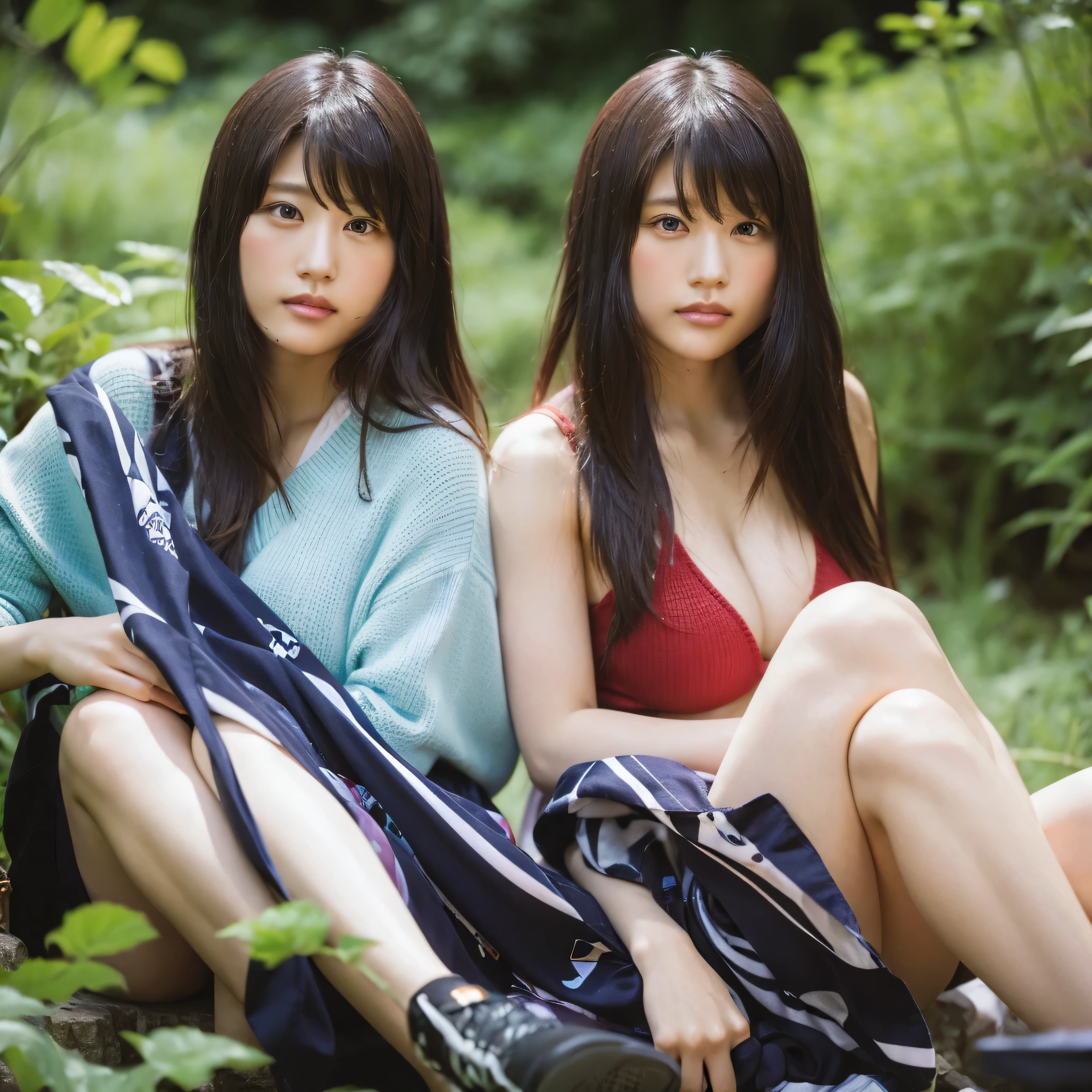 identical twin sisters, realistic、realistic skin texture、automatic rifle、tattoo