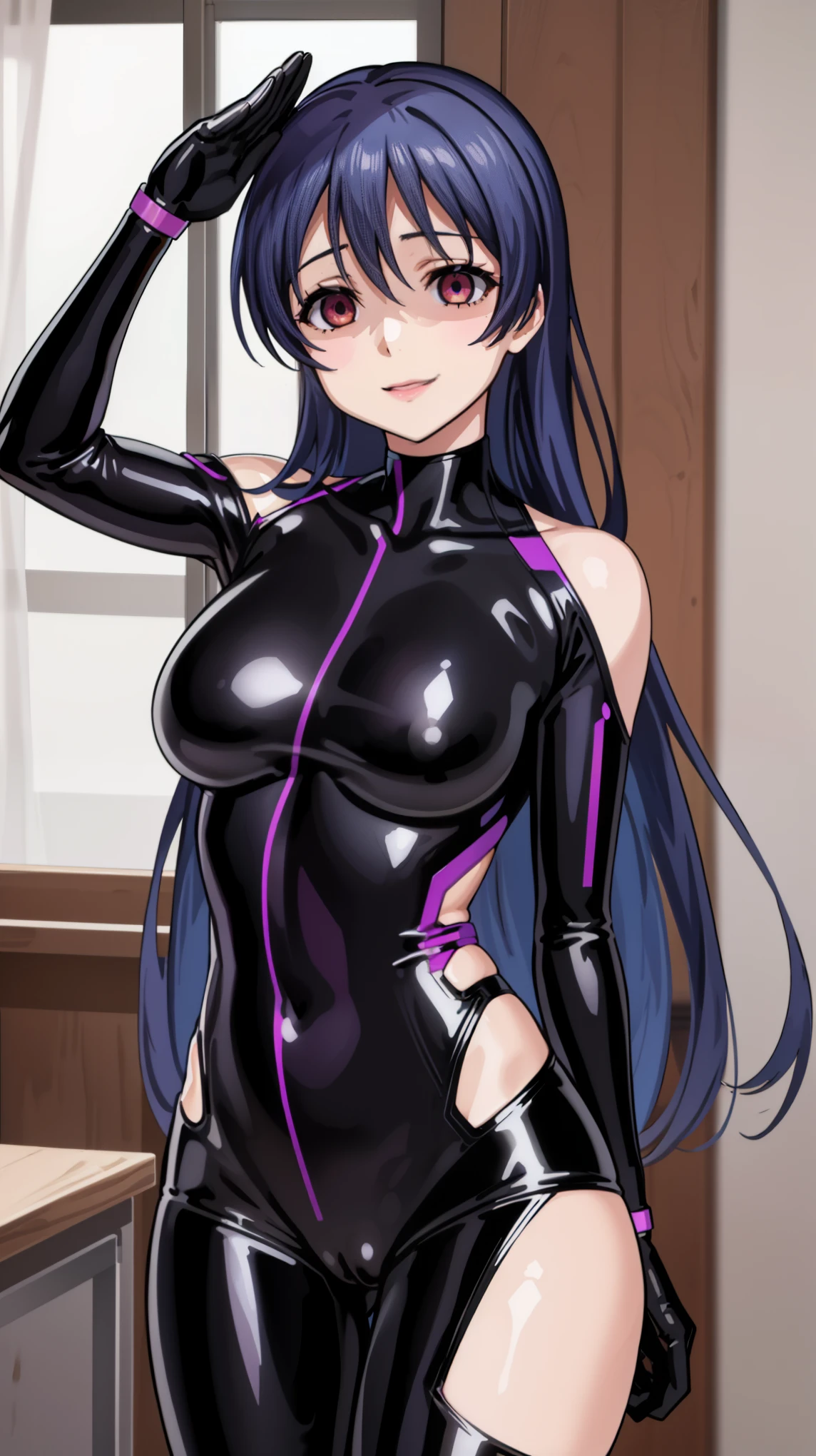 1 girl,NSFW,Umi Sonoda ,(lovelive),clavicle, purple glowing eyes,absurd, brainwashing,empty eyes,shaded face, big breasts, fearless smile,(black latex tight bodysuit),avert your eyes , 全身shape, ((stand up, salute)),(highest quality、4k、8k、High resolution、must have:1.2)、Super detailed、(reality、reality的なです、reality的な:1.37)、ticker、hyper hd、studio lighting、ultra definition paint、sharp focus、Physically based rendering、extreme details、Professional specifications、vibrancy and color、blurry、sports portrait、landscape、horror style、anime big breasts、SF、photograph、concept artist、five fingers, perfect body, {{{masterpiece}}}, {{{highest quality}}}, {{Super detailed}}, {shape}, {{very delicate and beautiful}},Improved cost performance、all roles、Canon 5D MK4でphotograph、photograph,